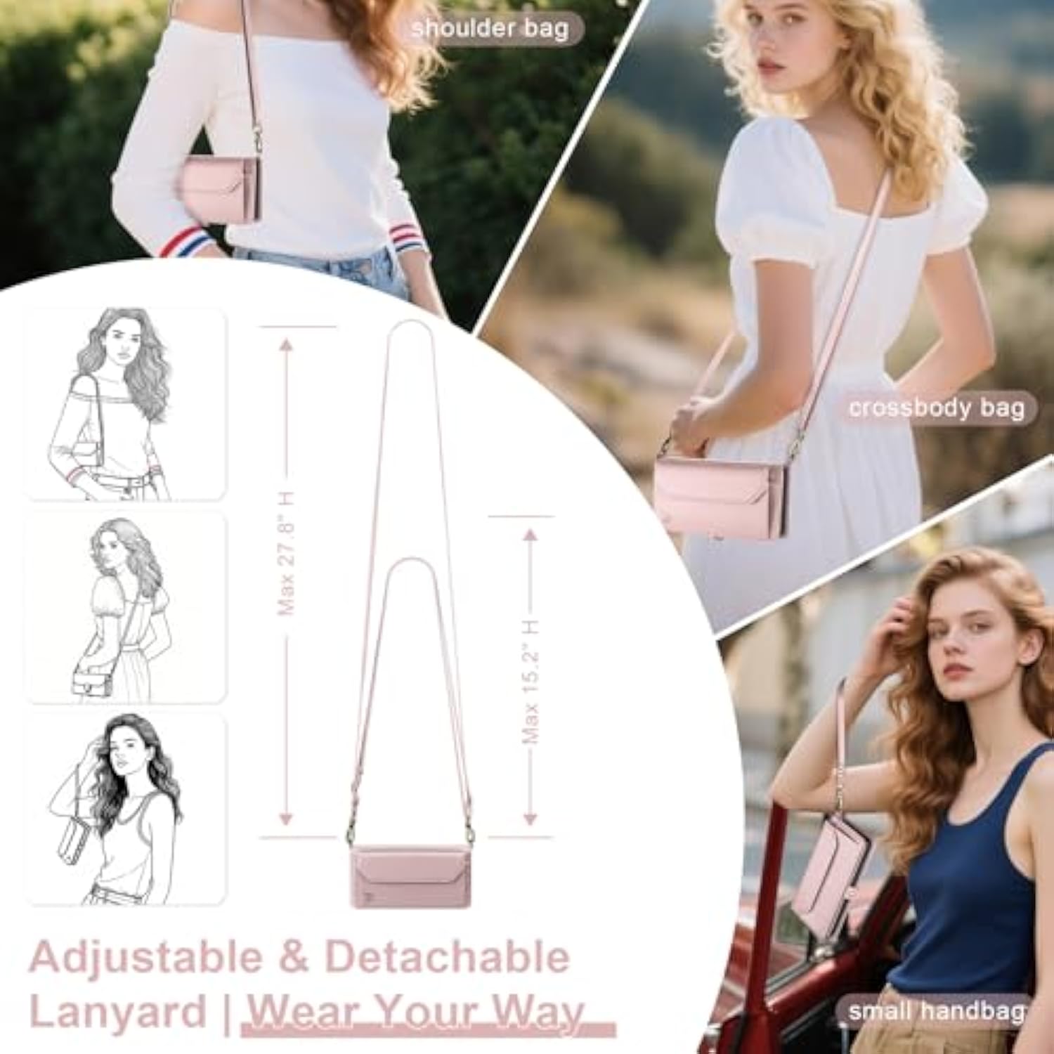 For Iphone 16 6.1" Wallet Case With Card Holder, Shoulder And Wristlet Straps, Soft Pu Leather, Magnetic Snap, Flip Phone Case For Women Men For Apple 16 Rose Gold