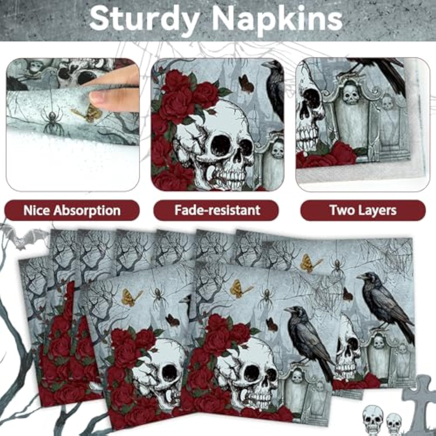 96pcs Halloween Gothic Skull Plates and Napkins Rose Crow Disposable Tableware Serves 24