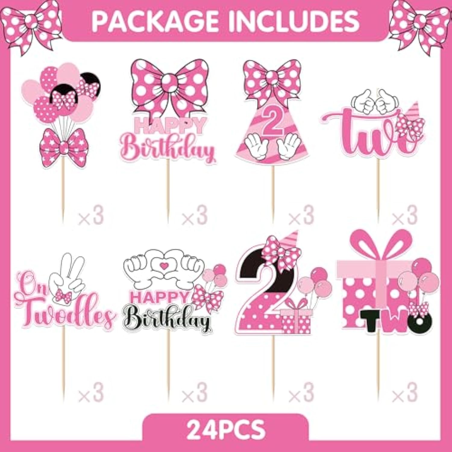 Oh Twodles Cupcake Toppers - 24 Pcs Pink And White Cartoon Mouse Bow Dots Cake Cupcakes Dessert Topper Decor Set 2Nd Birthday Party Decorations Supplies Favors For Two Years Old Kids Girls