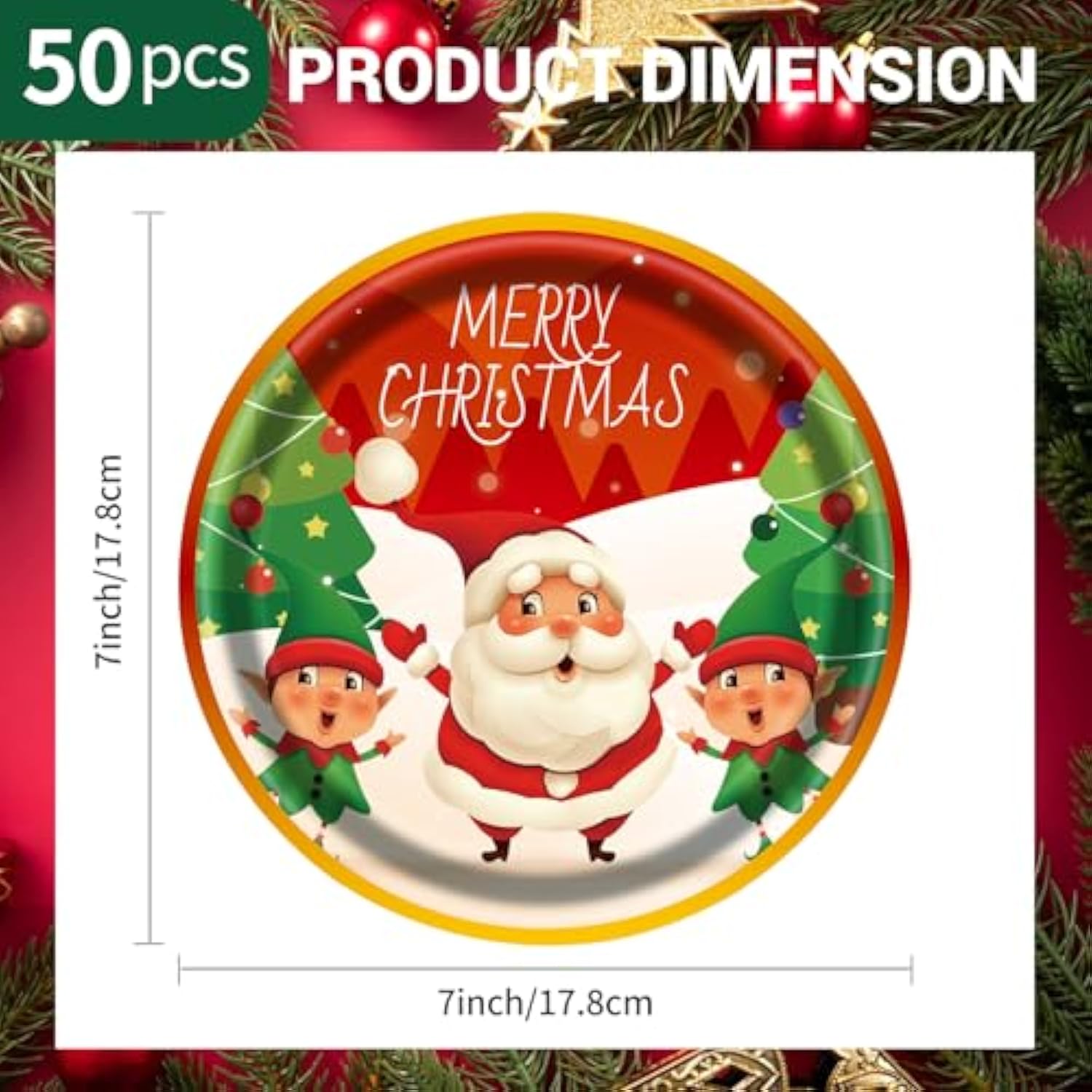 50Pcs Christmas Paper Plates, 7 Inch Dessert Plates With Merry Christmas Letters, Party Decoration Supplies