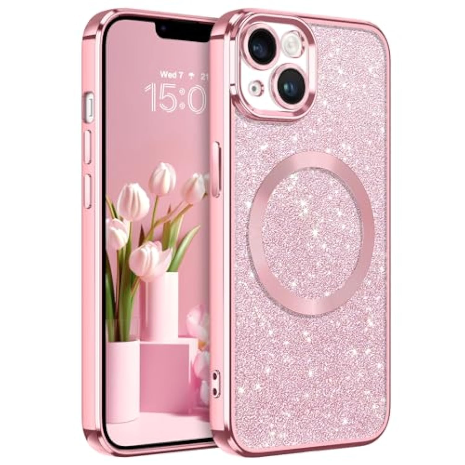 For Iphone 14 Case With Magnetic [Compatible With Magsafe] Luxury Clear Glitter Bling Shockproof Protective Cover Full Camera Lens Protector Women Girls- Pink
