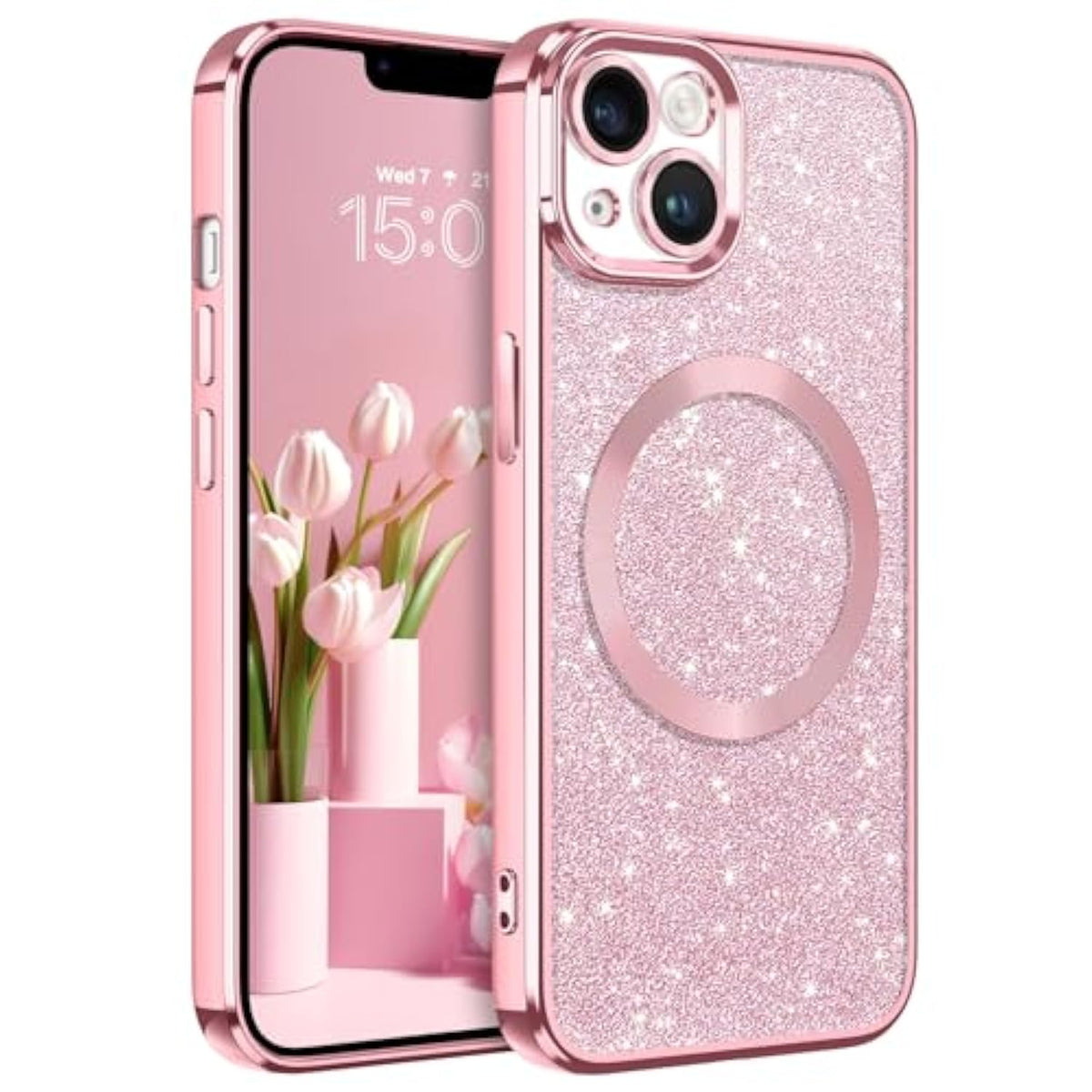 For Iphone 14 Case With Magnetic [Compatible With Magsafe] Luxury Clear Glitter Bling Shockproof Protective Cover Full Camera Lens Protector Women Girls- Pink