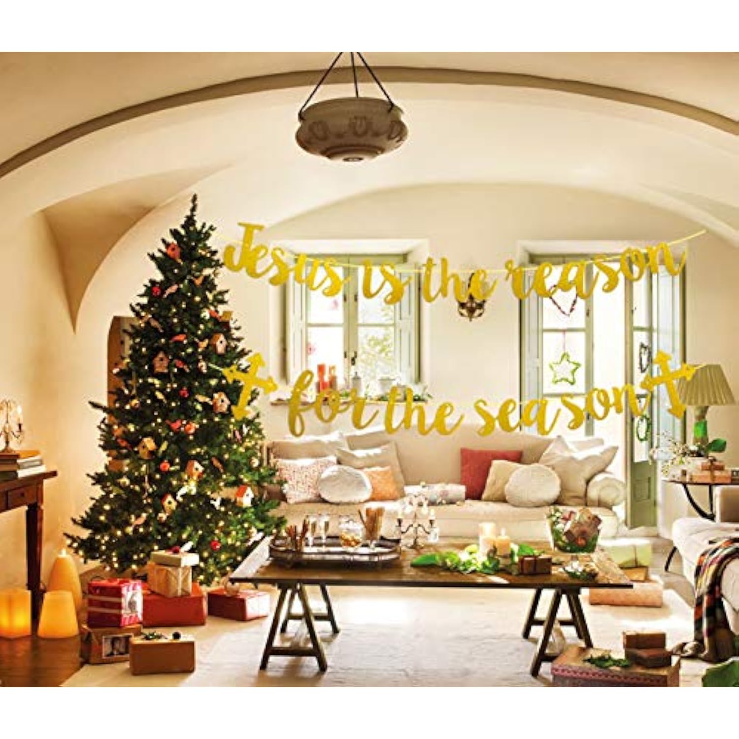 Jesus Is The Reason For The Season Banner, Gold Glittery Christmas Holiday Banner, Funny Christmas Decorations Banner, Christmas Vacation Decorations,Christmas Holiday Decorations Xmas Decorations