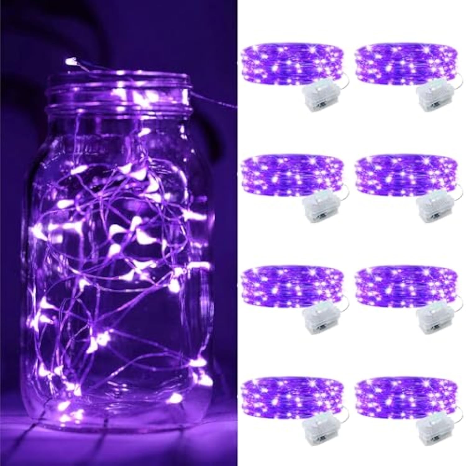 8 Pack Fairy Lights Battery Operated, 7Ft 20 Mini Led Fairy String Lights Silver Wire 3 Modes For Diy, Parties, Wedding, Bedroom, Halloween Christmas Decoration Purple