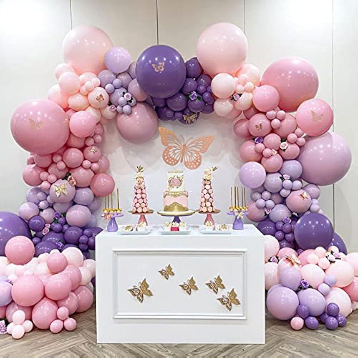 142pcs Pastel Pink Purple Balloon Arch Kit with Butterflies for Party Decorations