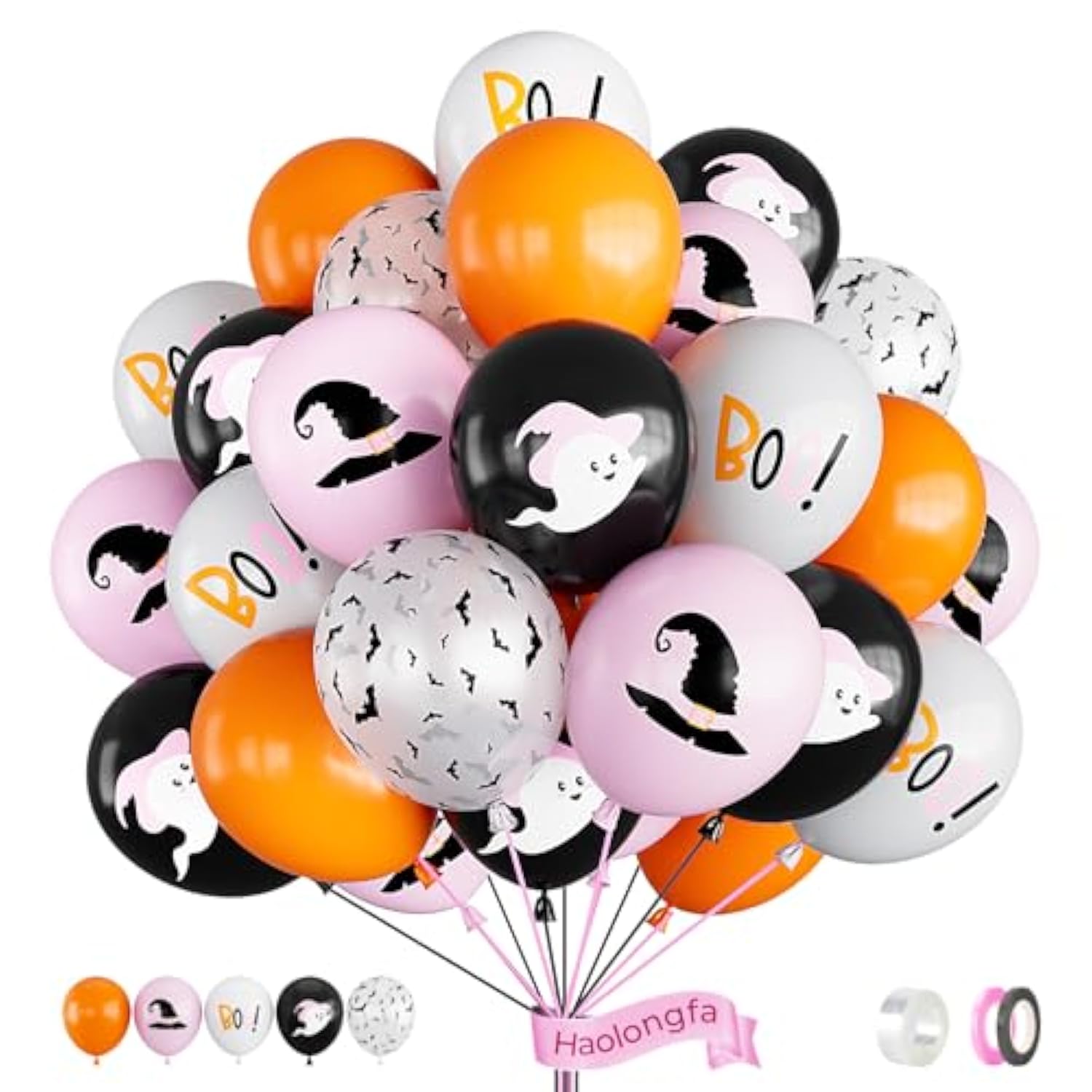 50 Pack Halloween Balloons 12 Inch Pink Black Orange White with Ghost Bat Designs