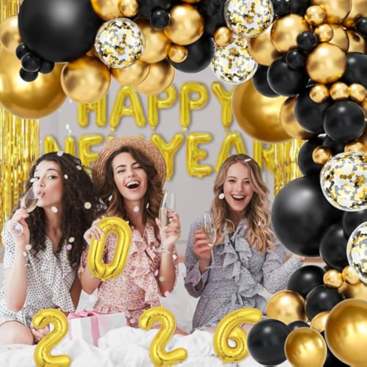 2026 New Year Party Balloon Arch Kit with Gold Black Banner and Confetti