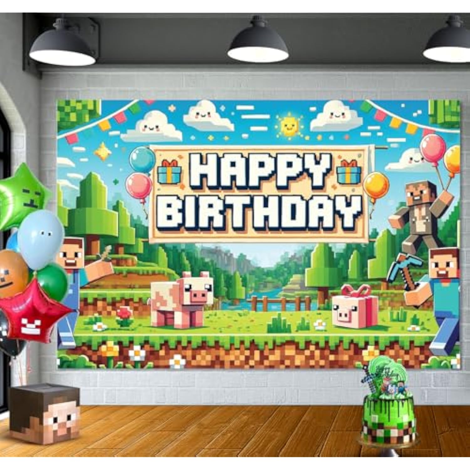 6×4ft Pixel Gamer Birthday Backdrop Video Game Party Banner for Boys