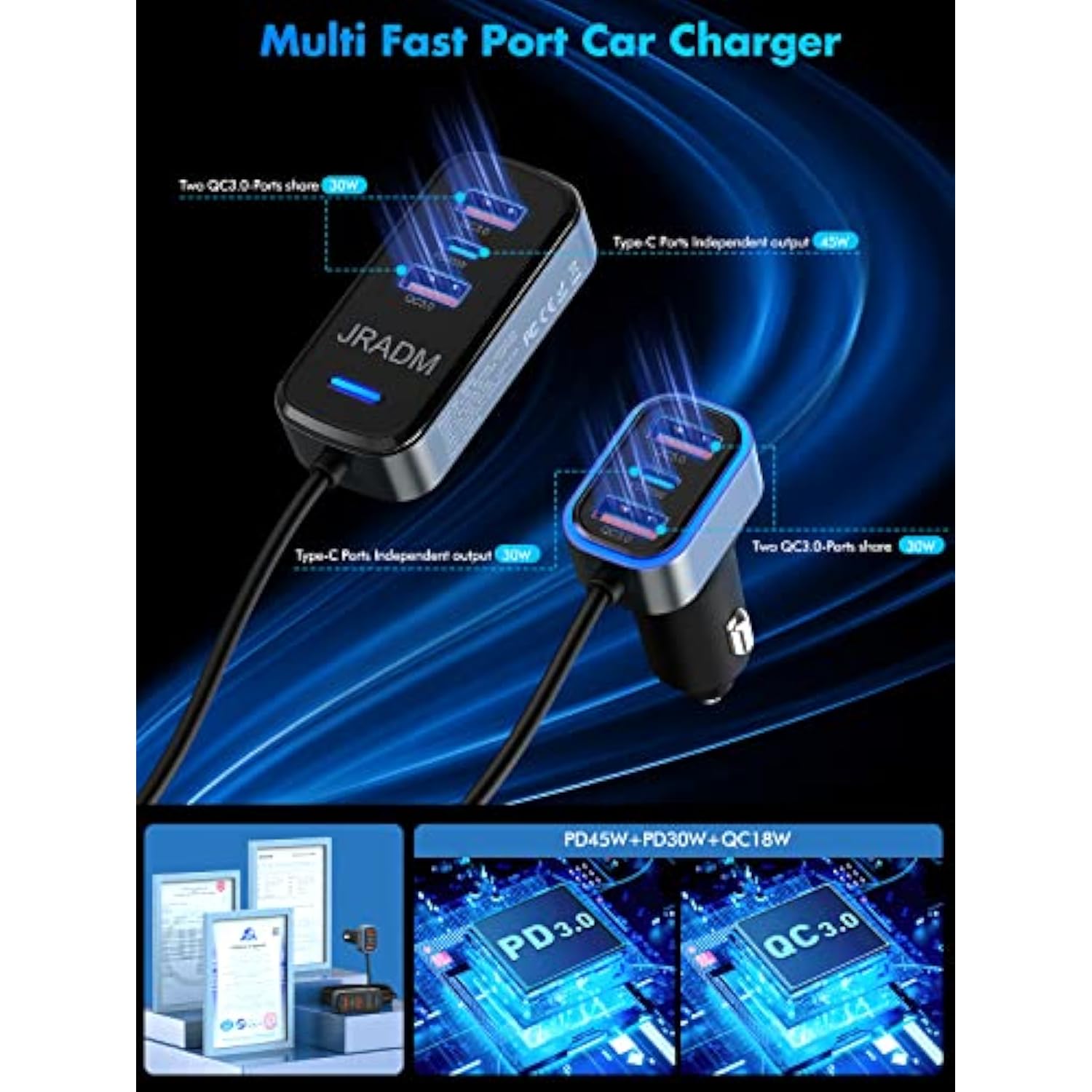 Car Usb Charger Multi Port, 135W Fast Usb C Car Charge Pd 45W 30W & Qc3.0 30W Multiple Car Charger, Multiple Devices Car Travel Charger With 5Ft Cable For Iphone 16 15 Pro Max 14/Ipad/Samsung S24/23