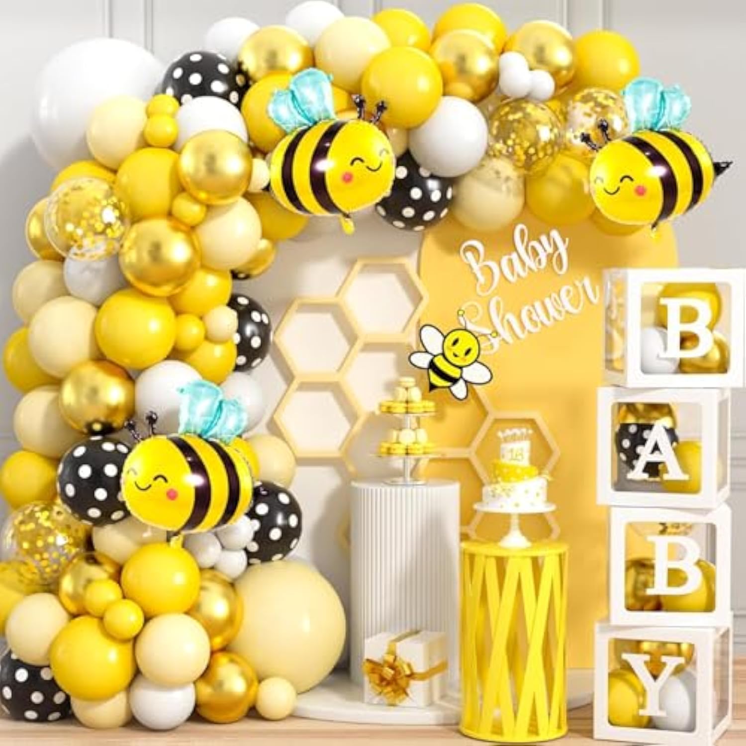 124 Bee Baby Shower Decorations, Yellow White Balloon Garland Arch Kit Baby Box With Letters Bee Foil Balloons, What Will It Bee Gender Reveal Decorations Boy Girl Baby Shower Decor