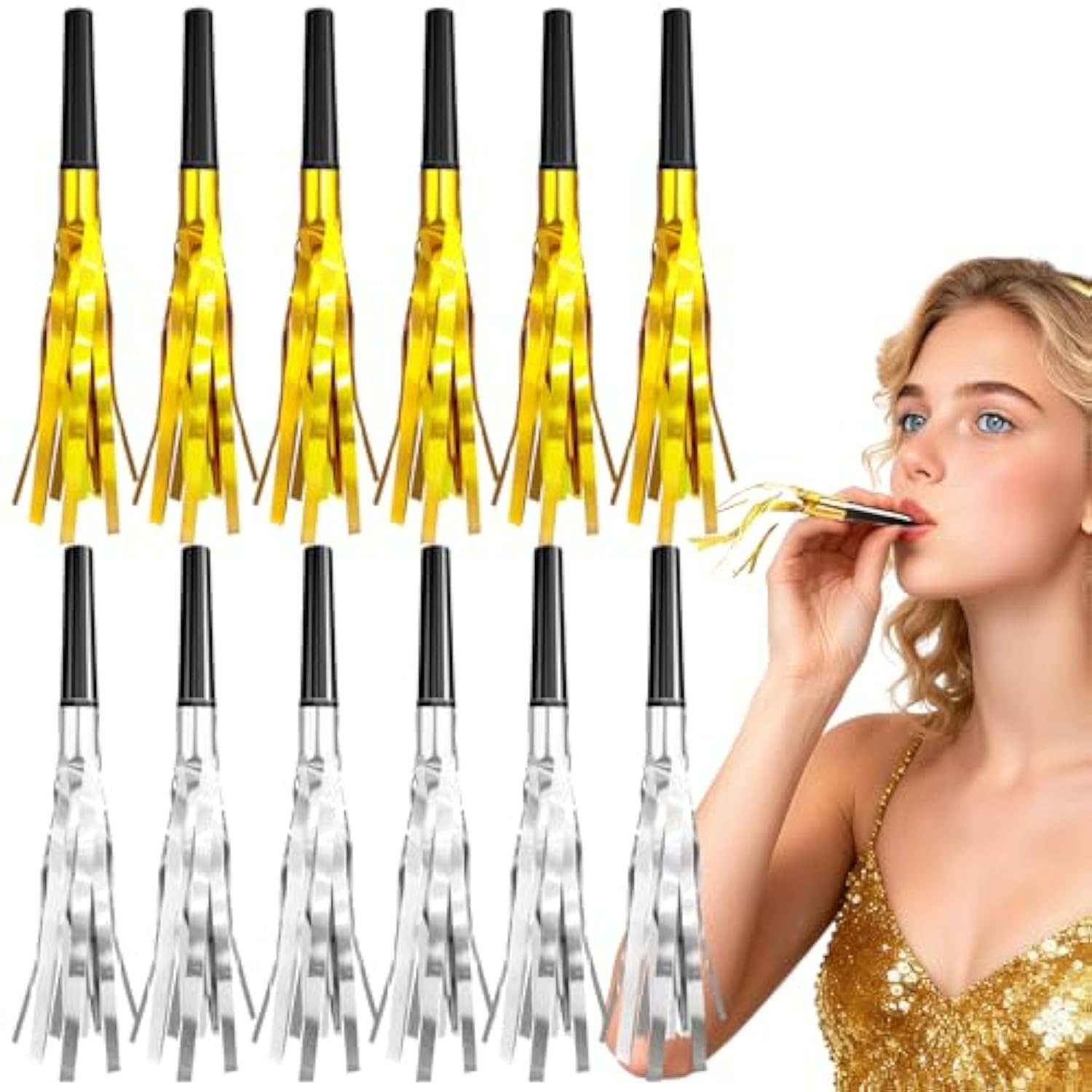 12 Pc Gold Silver Glitter Noise Makers Party Blowers for 2026 Celebration