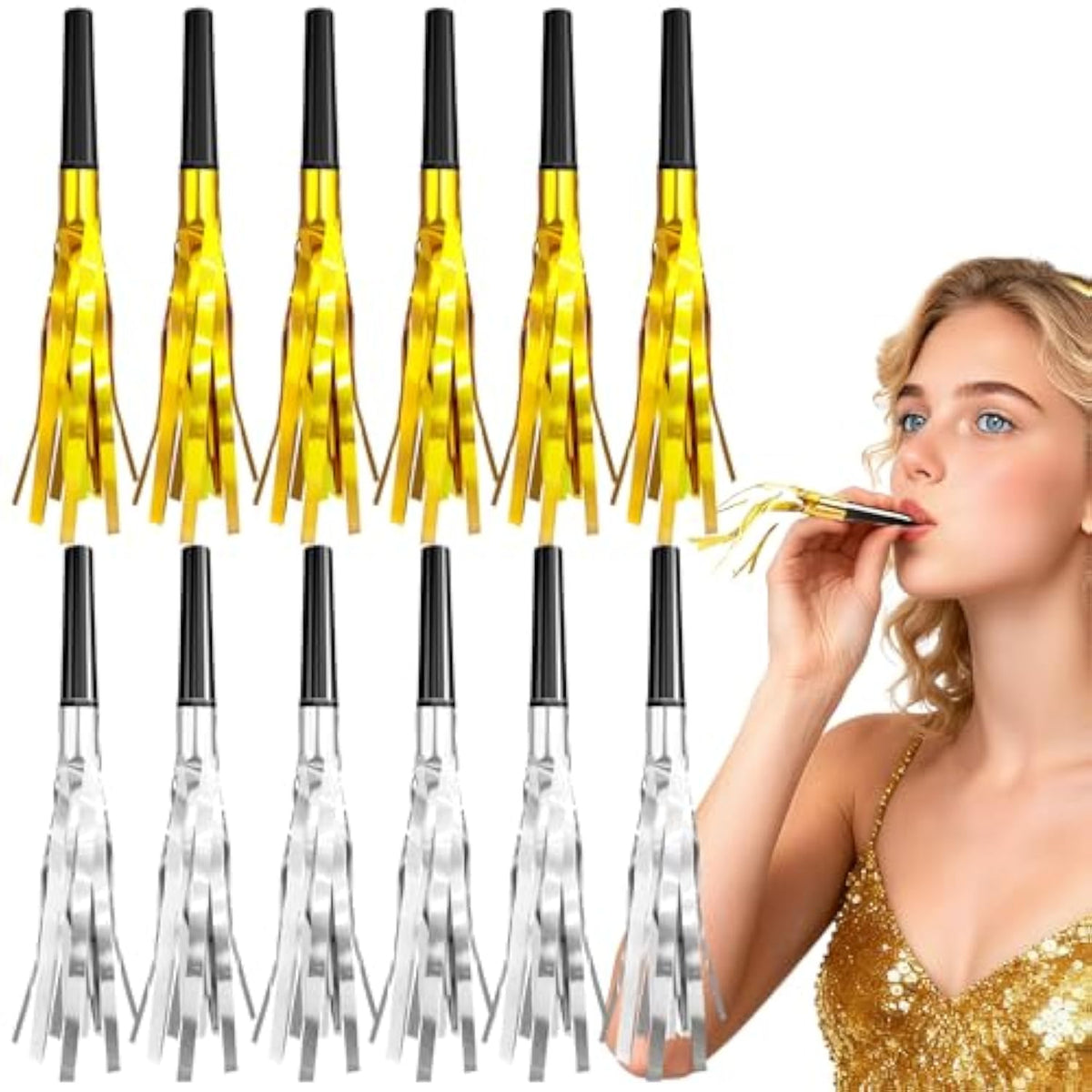 12 Pc Gold Silver Glitter Noise Makers Party Blowers for 2026 Celebration