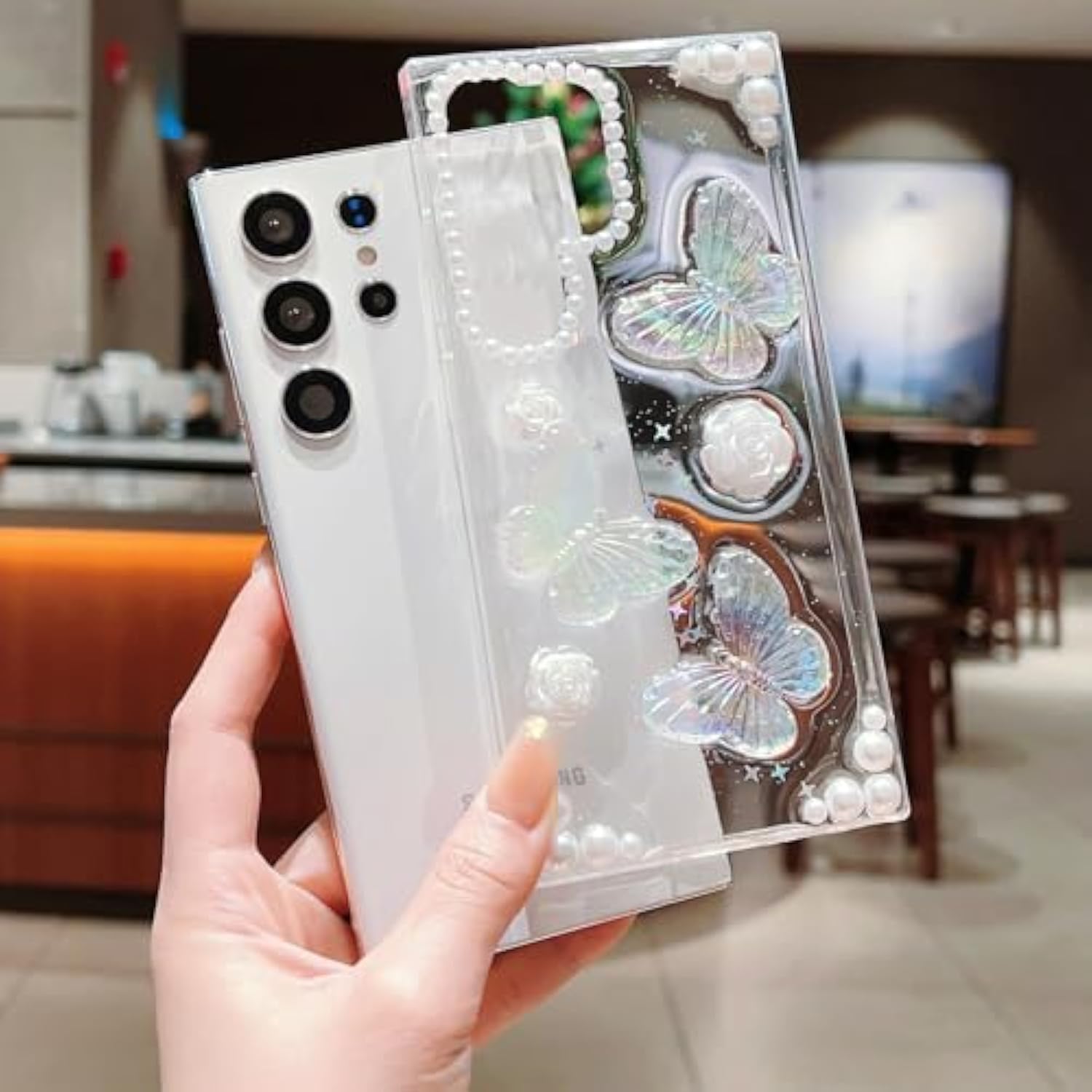 For Samsung Galaxy S23 Ultra Clear Glitter Case,Cute 3D Butterfly Floral Pearl Bling Sparkle Shiny With Wrist Strap Soft Tpu Aesthetic Women Girls Phone Case For Galaxy S23 Ultra 6.8" (Clear)