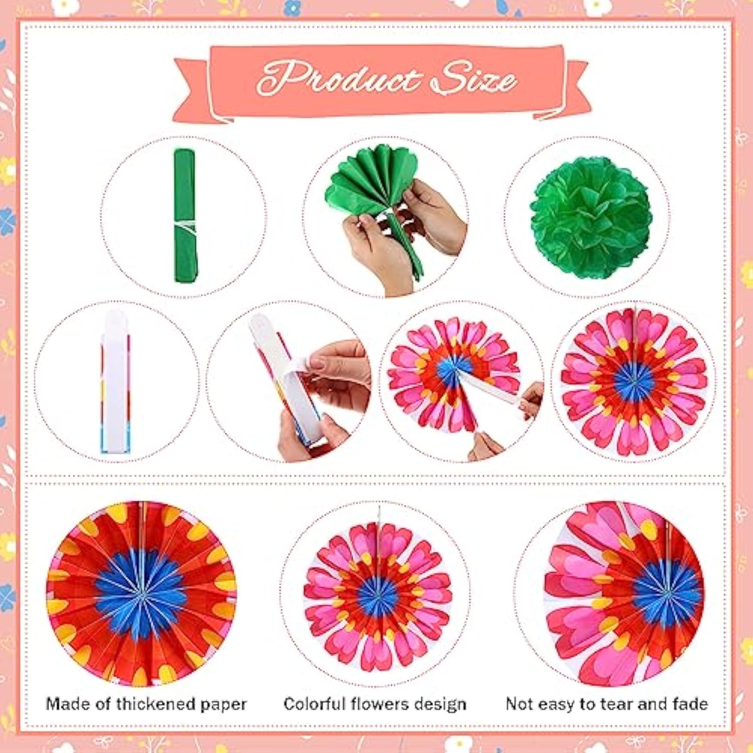 21 Pcs Spring Flower Hanging Paper Fans Flower Paper Fans Classroom Decorations Springtime Summer Tissue Pom Poms For Ceiling Wedding Birthday Party Supply Classroom Decor(Spring Flower)