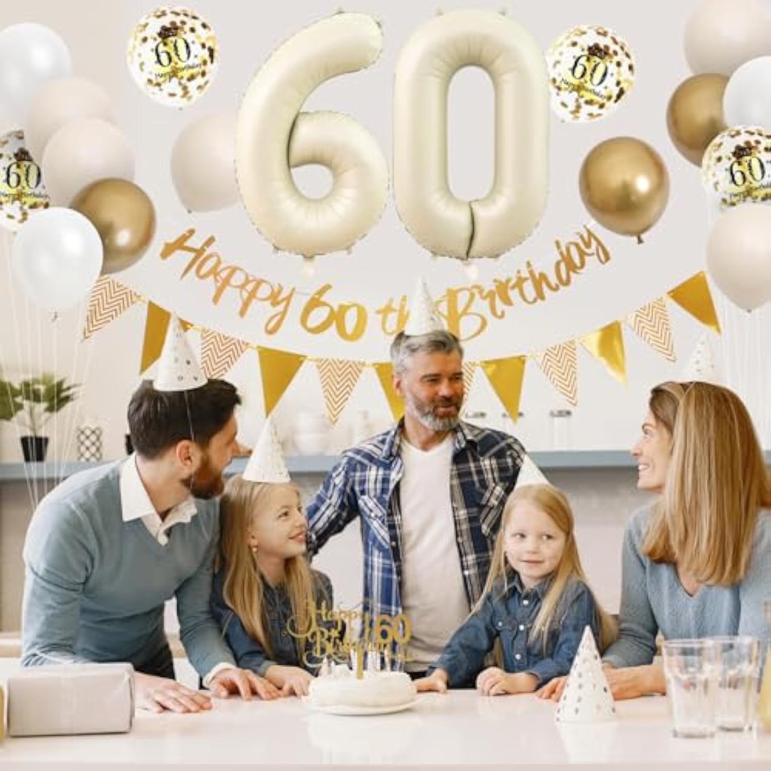 30pcs 60th Birthday Decorations, Sand White Gold Balloons, Banner & Cake Toppers