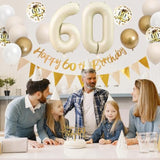 30pcs 60th Birthday Decorations, Sand White Gold Balloons, Banner & Cake Toppers