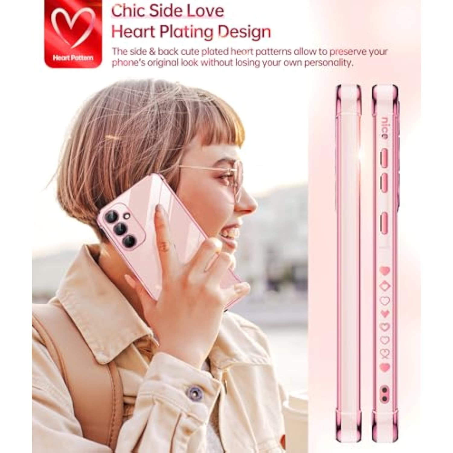 For Galaxy A35-5G Phone Case: Tempered Glass Screen Protector [2 Pcs]+ Full Camera Lens Protection, Love Heart Plating Girly Women Luxury Soft Tpu Shockproof Case For Samsung A 35 5G, Pink