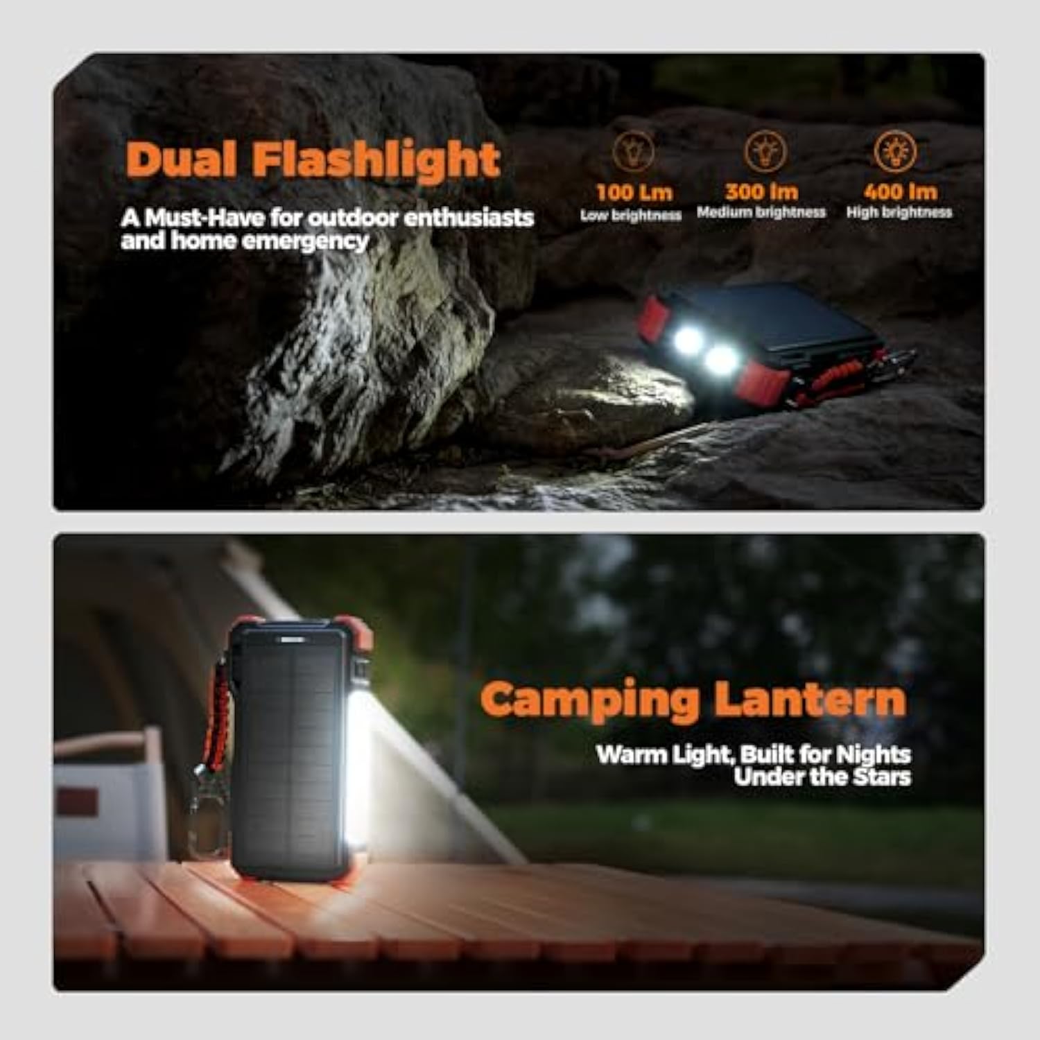 Solar Charger 20000Mah Built-In Cables, 20W Fast Charging Portable Power Bank With Usb C, Camping Light, Flashlight, Battery Pack For Iphone 16 15 14 13 12 11, Ipad, Samsung, Apple Watch