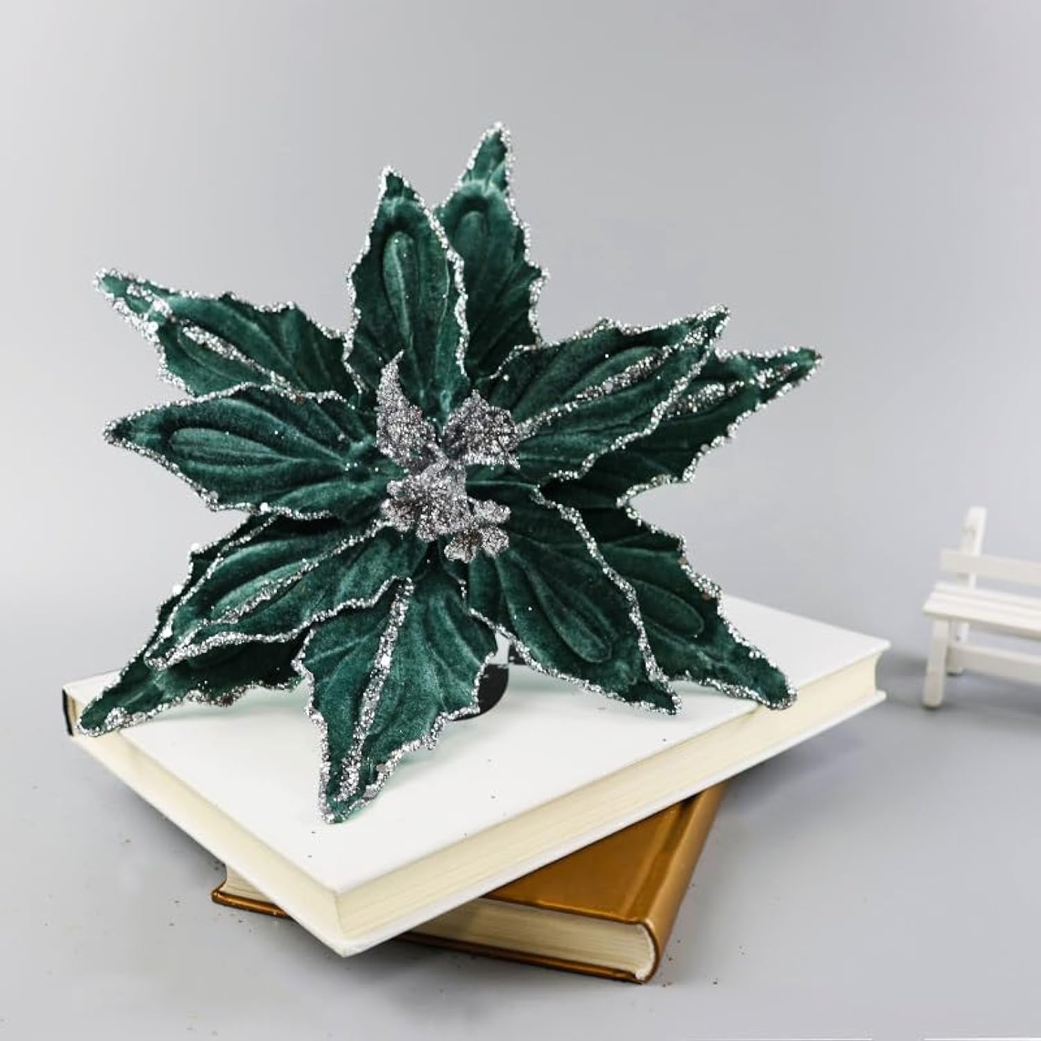 11.8’’ Large Glitter Christmas Flower 6 Pcs Artificial Velvet Poinsettia Flowers Ornaments Glitter Christmas Tree Flowers Big Xmas Tree Wreath New Year Decorations (Dark Green 11.8'')