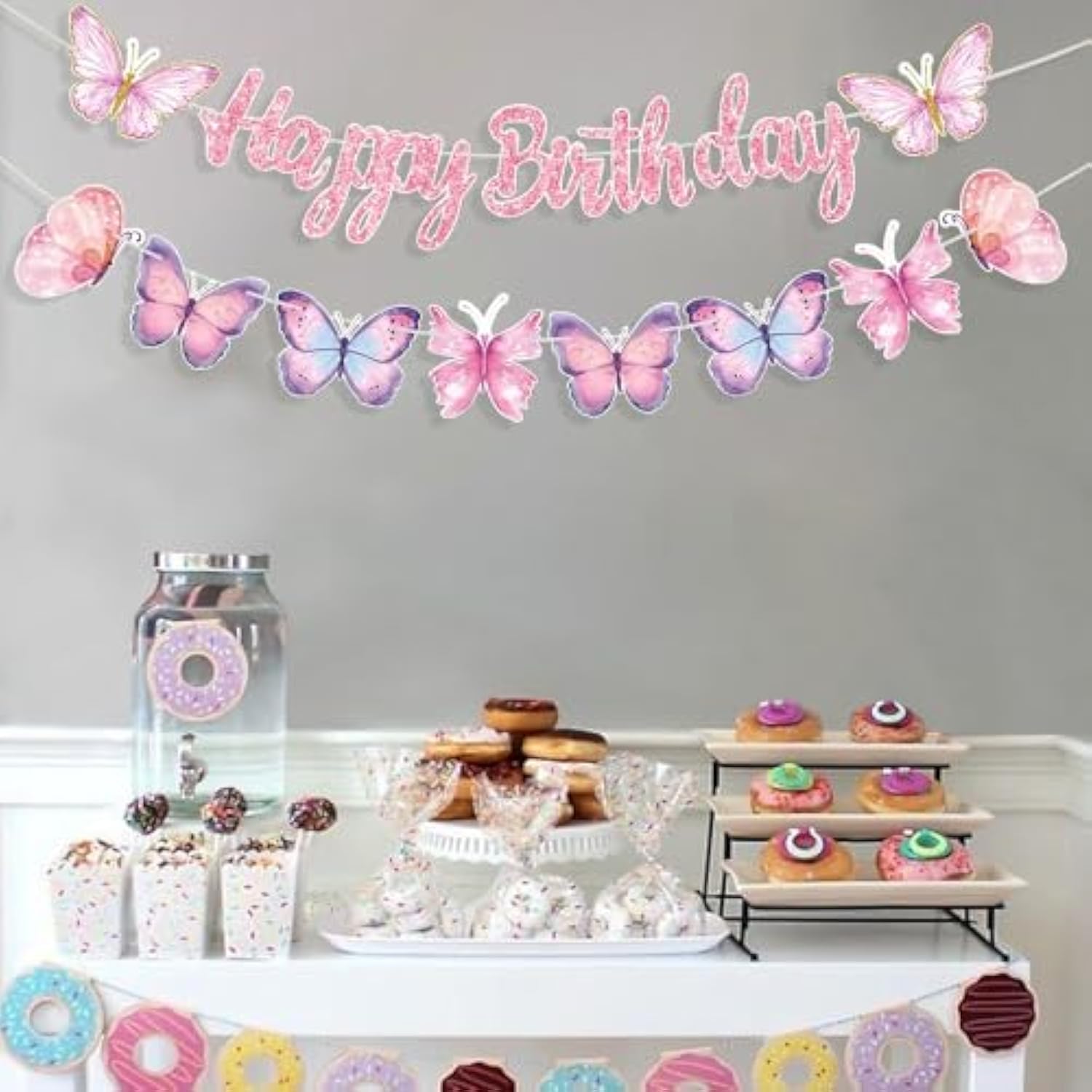 Pink Butterfly Birthday Banner, 63" X 23.6", Fade Resistant, Lightweight, Women/Girls/Teen Girls