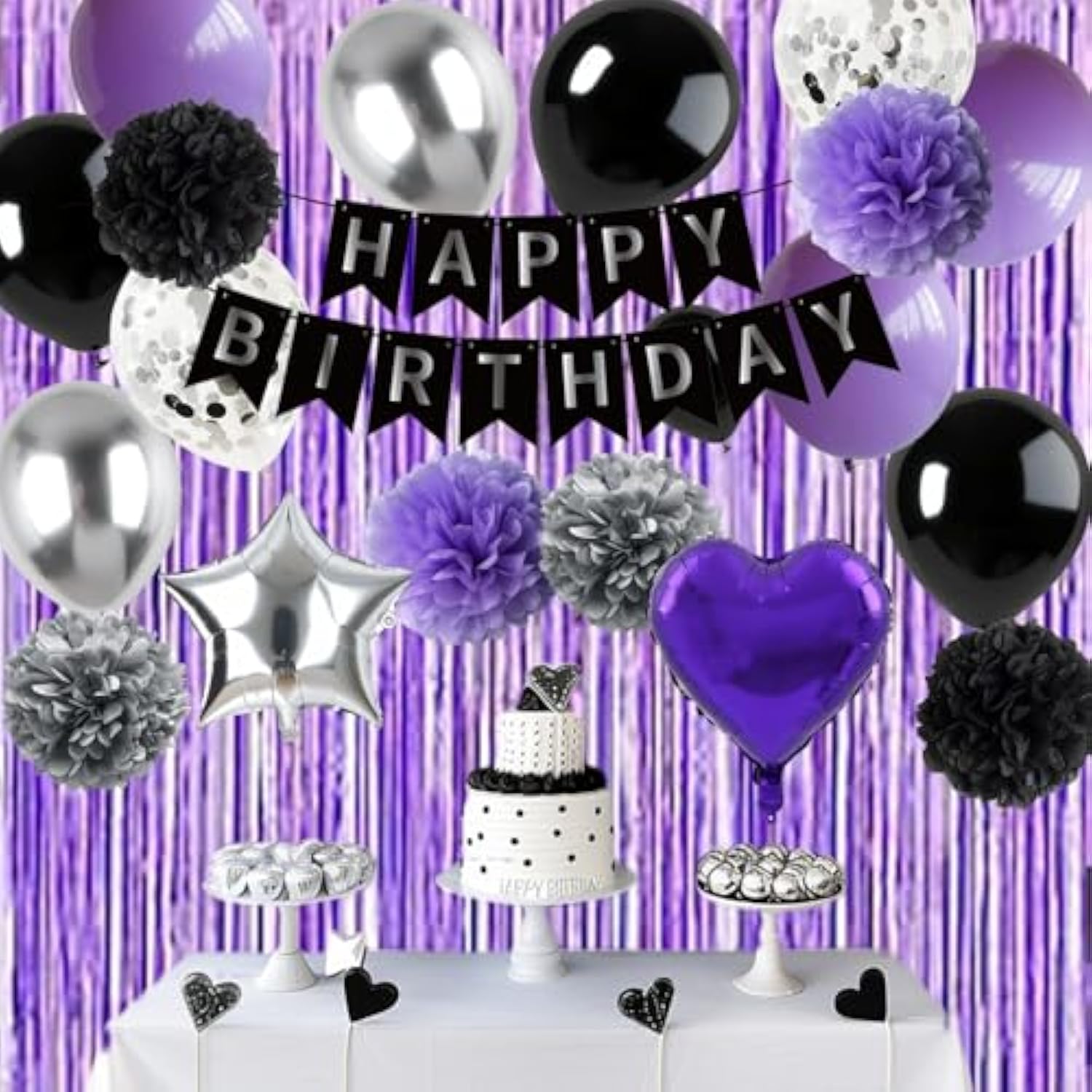 Black Purple And Sliver Happy Birthday Party Decorations Balloons, Purple Birthday Decorations With Banner Curtains For Women Men Boys Girls