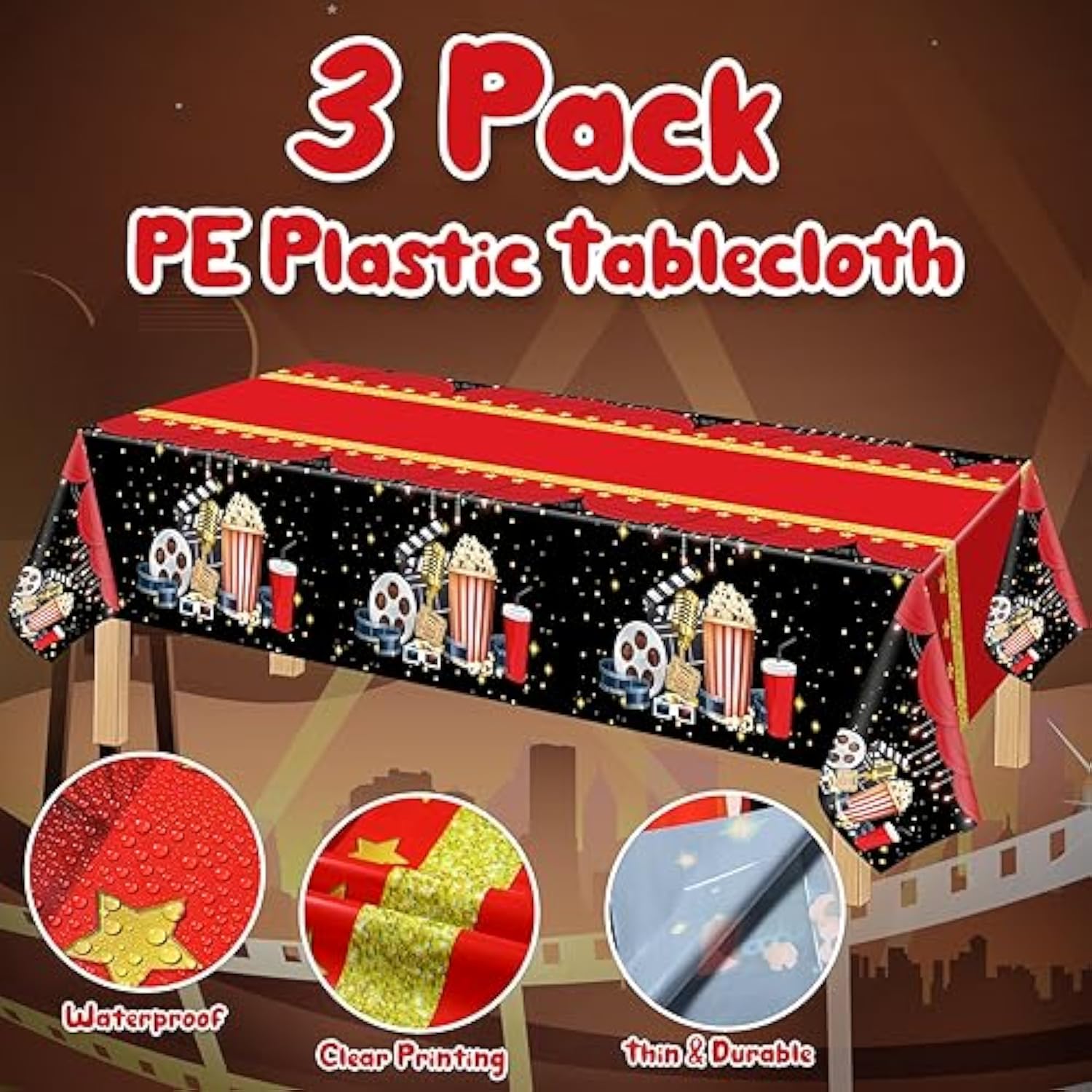 Movie Night Tablecloths - Red Carpet Party Decorations (3-Pack, 54x108")