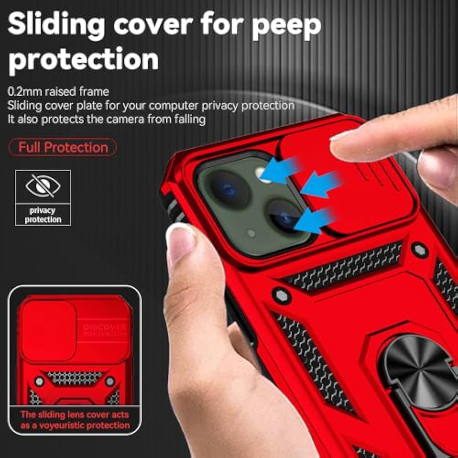 iPhone 13/14 Case with HD Screen, Slide Camera Cover, Kickstand, Red