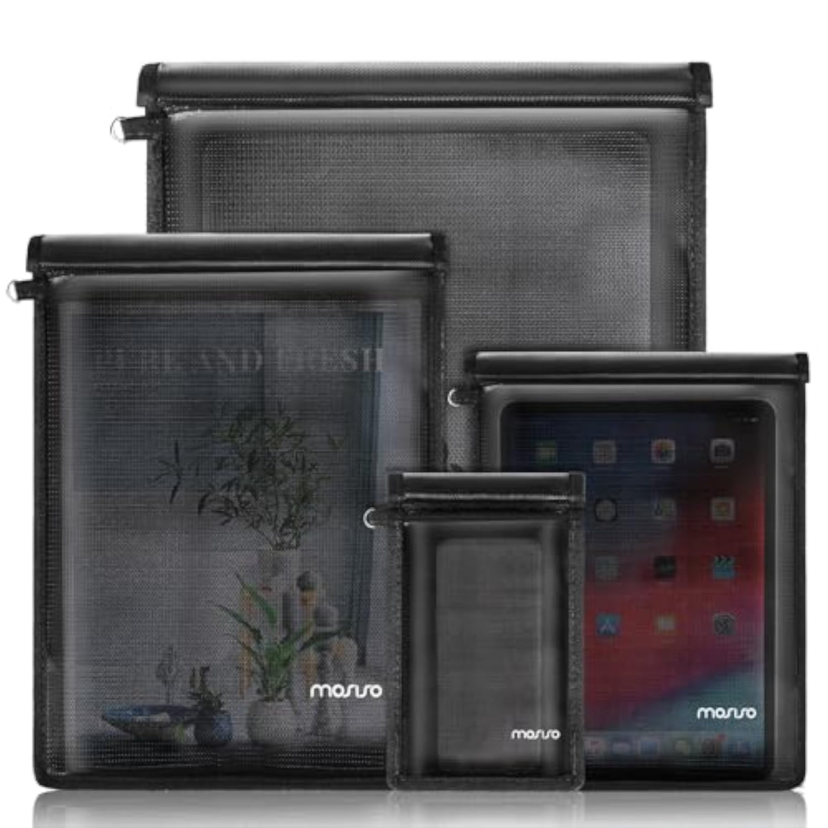 MOSISO 4 Pack Faraday Bag Sleeve for Laptops&Tablets&Phones&Car Keys, Faraday Cage Key Fob Protector, Anti-Theft&Anti-Tracking&Fireproof&Waterproof RFID Signal Blocker Pouch, Black