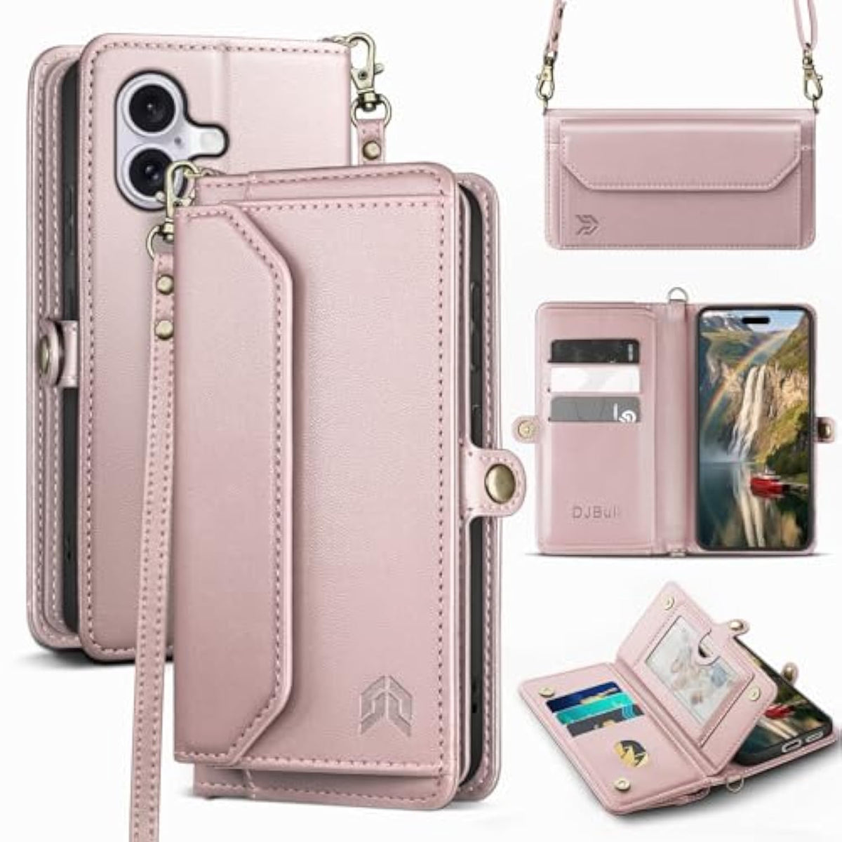 For Iphone 16 6.1" Wallet Case With Card Holder, Shoulder And Wristlet Straps, Soft Pu Leather, Magnetic Snap, Flip Phone Case For Women Men For Apple 16 Rose Gold