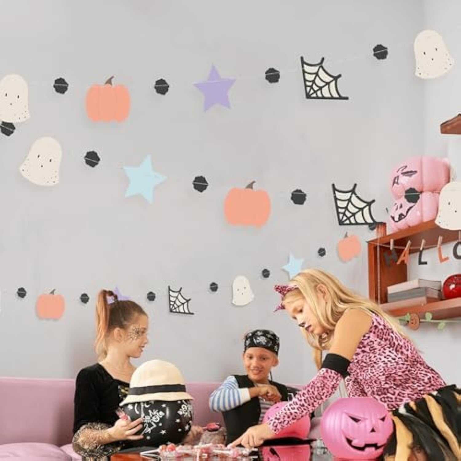Pastel Halloween Garland with Pumpkin Ghost Spiderweb Flag for Kids Party Baby Shower Decor