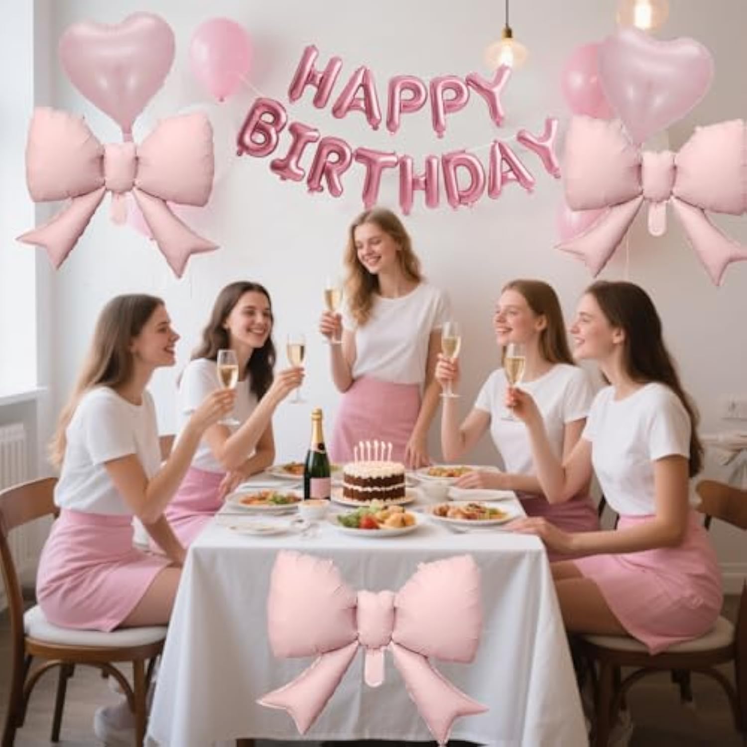 Pink Happy Birthday Banner Birthday Decorations Bow Balloons Heart-Shaped Balloons For Women Girls Birthday Decor Party Supplies