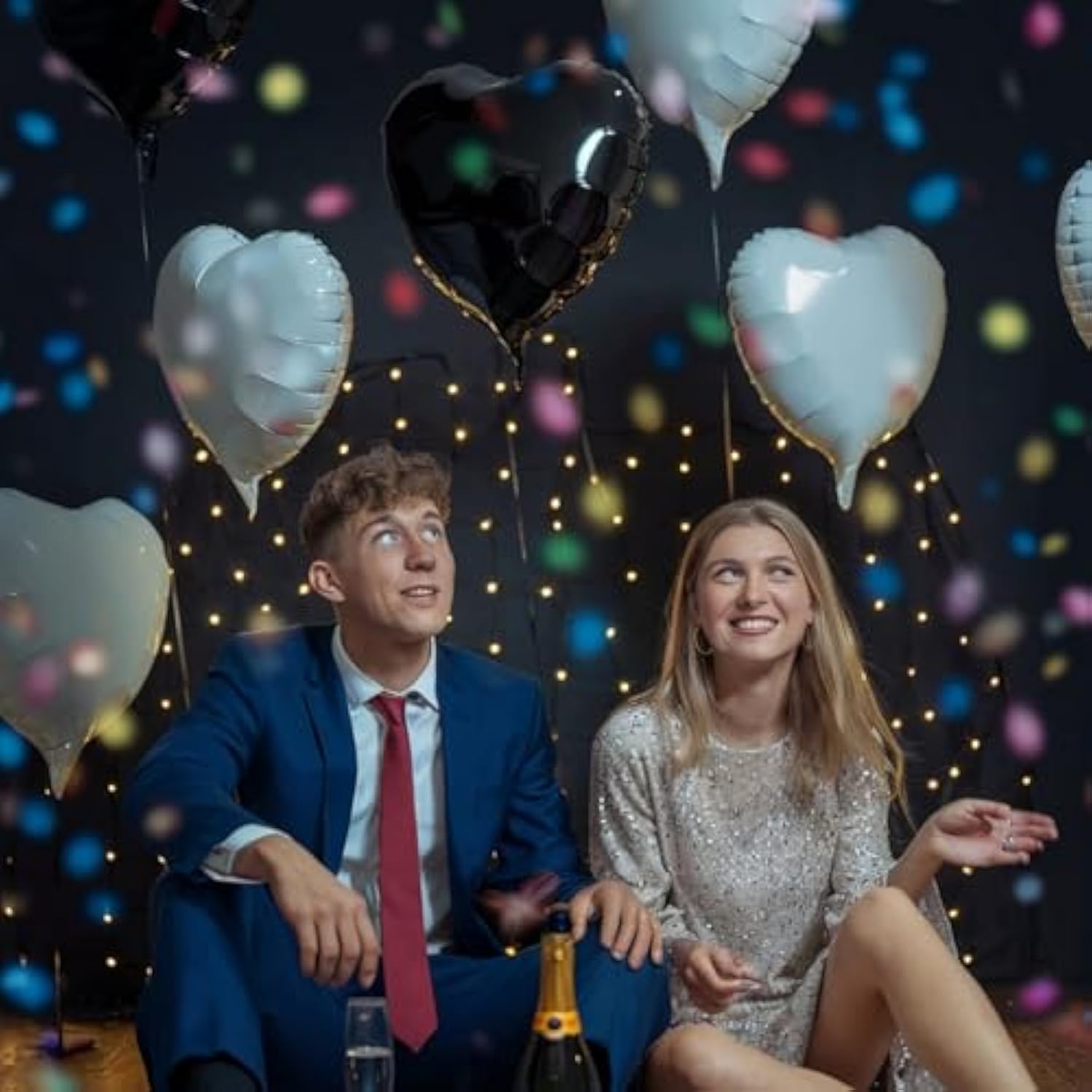 12-Pc Black & White Heart Foil Balloon Set for Weddings & Parties