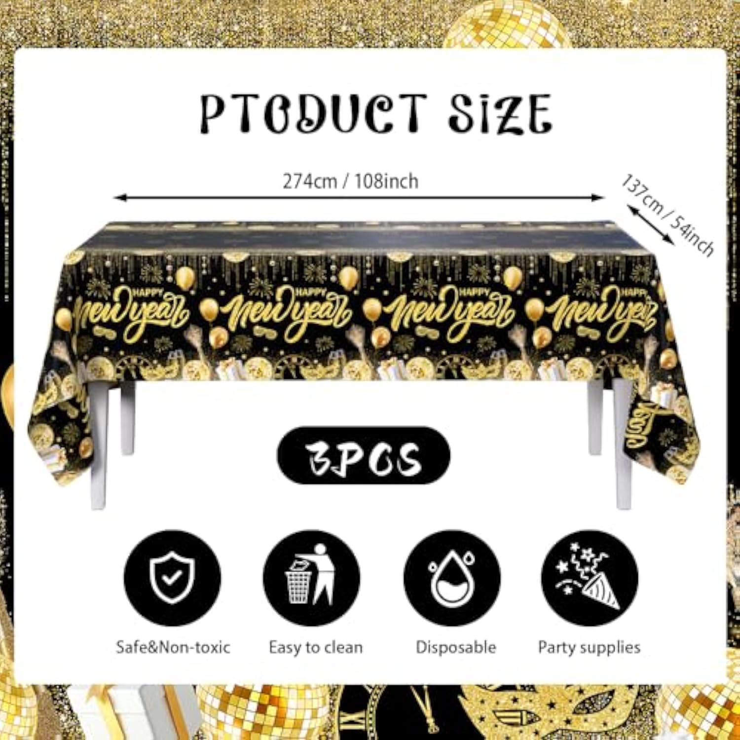 3pc Black Gold Happy New Year 2026 Disposable Tablecloths 108x54in