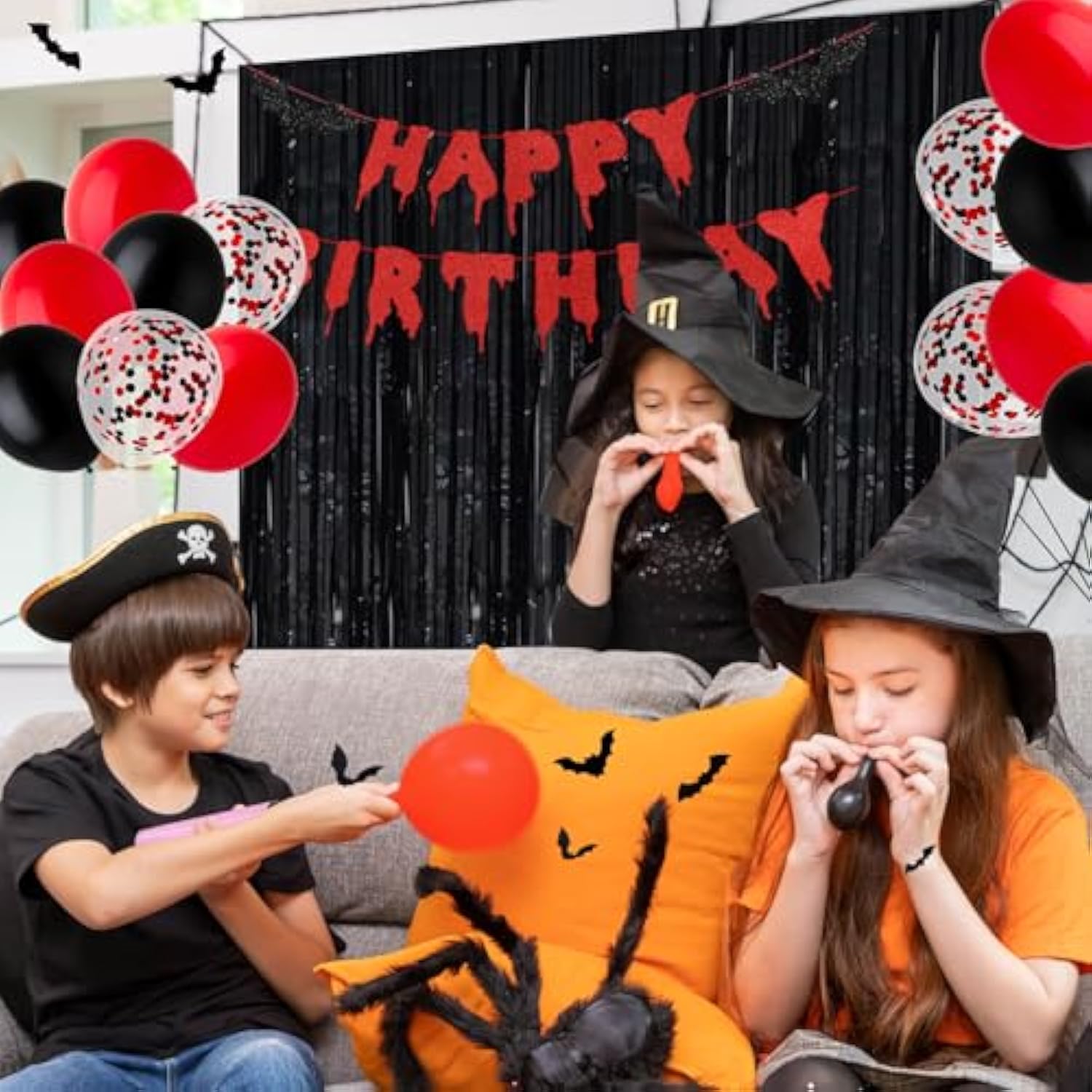 Red Black Happy Birthday Glittery Halloween Banner Black Foil Curtains Backdrop 3D Bat Sticker Latex Balloons Confetti Balloon For Birthday Party Decoration Halloween Party Supplies