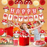 Mushroom Party Decorations, Mushroom Birthday Banner, Mushroom Balloons Garland Hanging Swirls Paper Pom Poms For Mushroom Birthday Decorations
