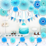 Blue Party Decoration, 21Pcs Blue Hanging Paper Fans, Paper Pom Poms Flowers, Pennant, Garland String, Banner For Boy Birthday, Bridal Shower, Baby Boy Showers, Wedding
