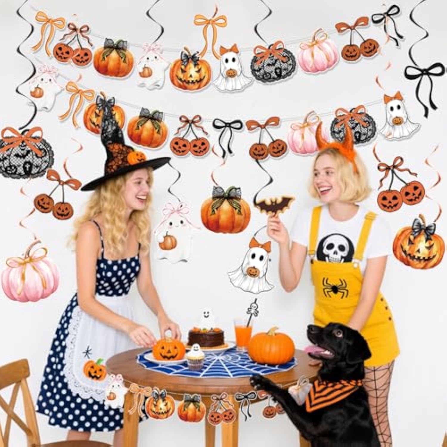 Halloween Party Banner with Bows and Pumpkins Spooky Cute Decor for Kids Indoor Celebration