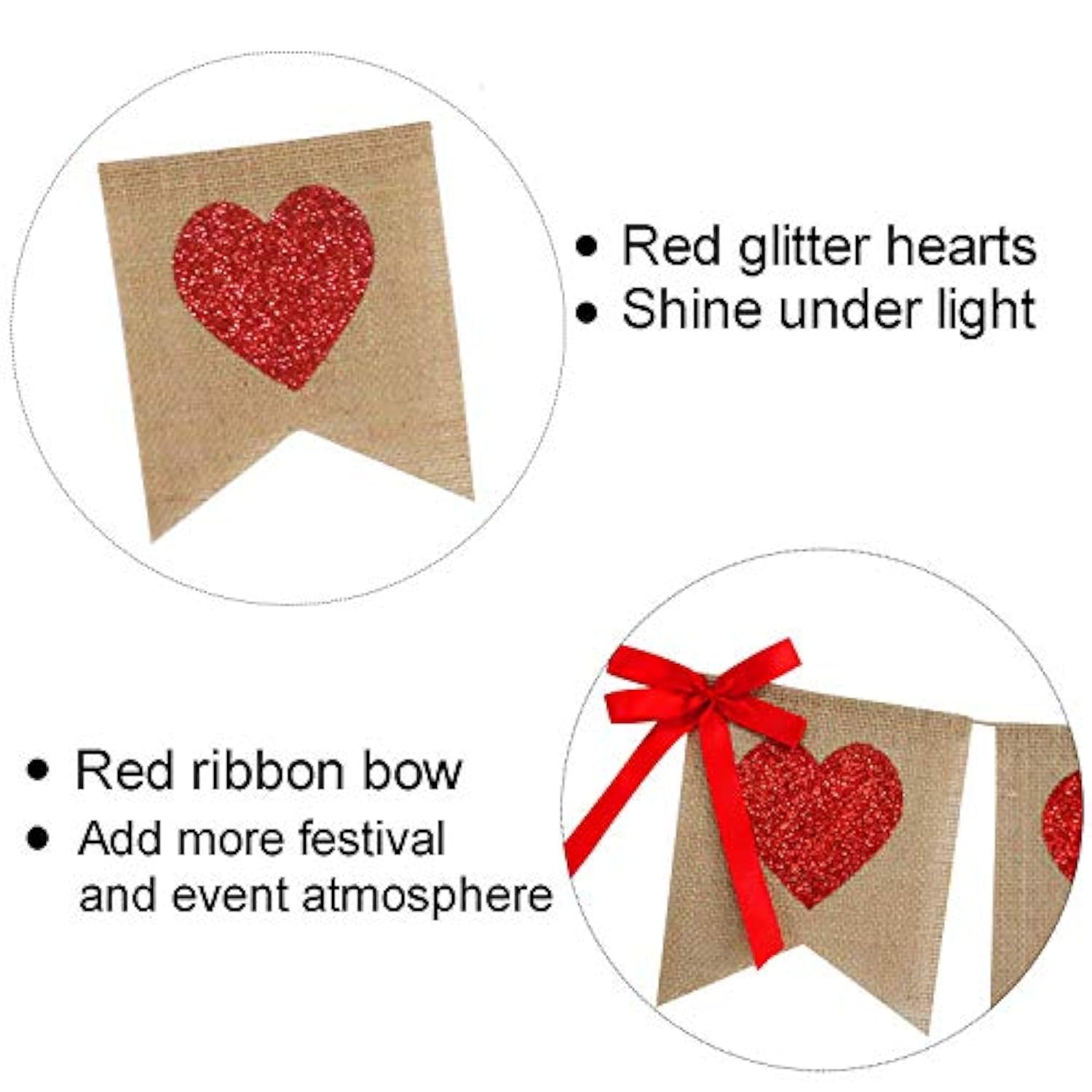 Burlap Heart Banner Garland | Red Glitter Heart | Valentine'S Day Deco