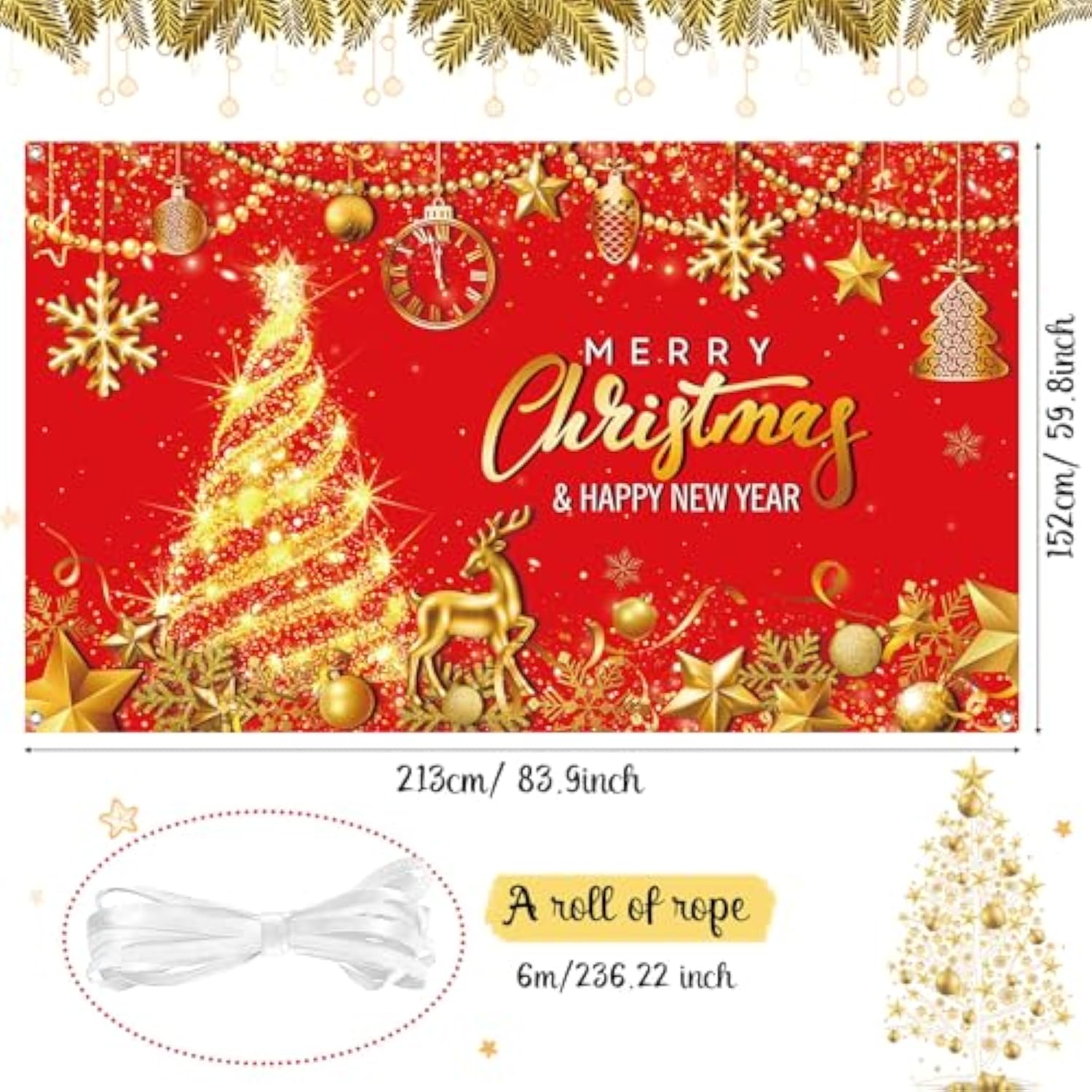 Merry Christmas Party Backdrop 72.8x43.3in Red & Gold Banner