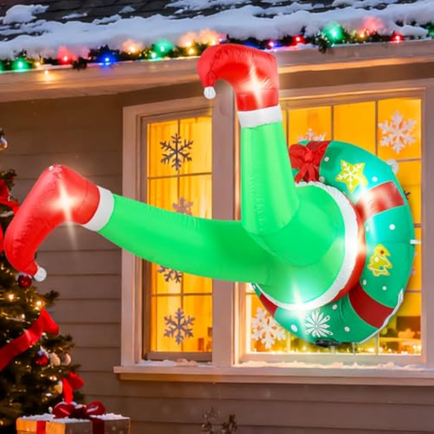 4Ft Christmas Inflatable Outdoor Window Decorations, Christmas Green Big Monster Broke In From Window Stuck In Wreath, B