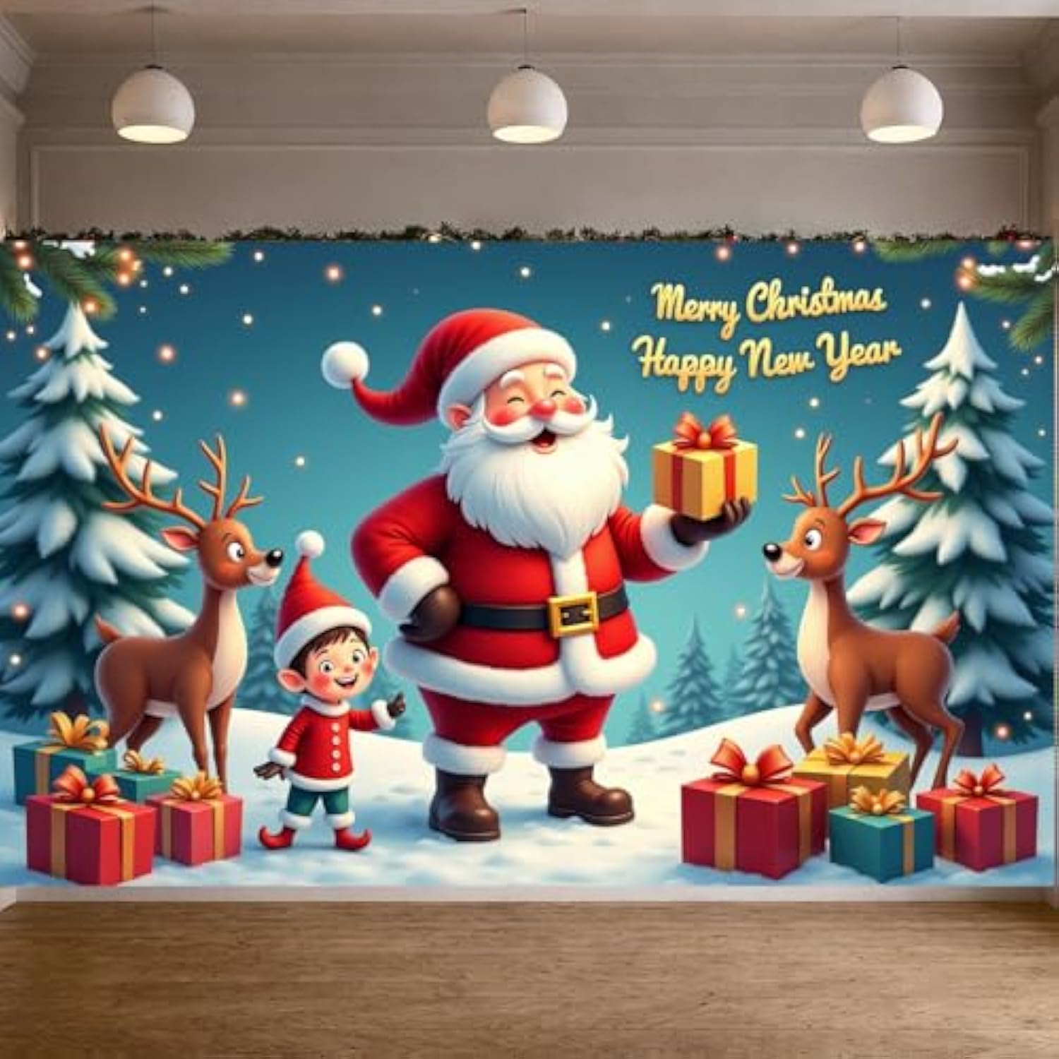 Cute Santa & Elk Banner 71x43in Christmas Photo Booth Backdrop Party Decor