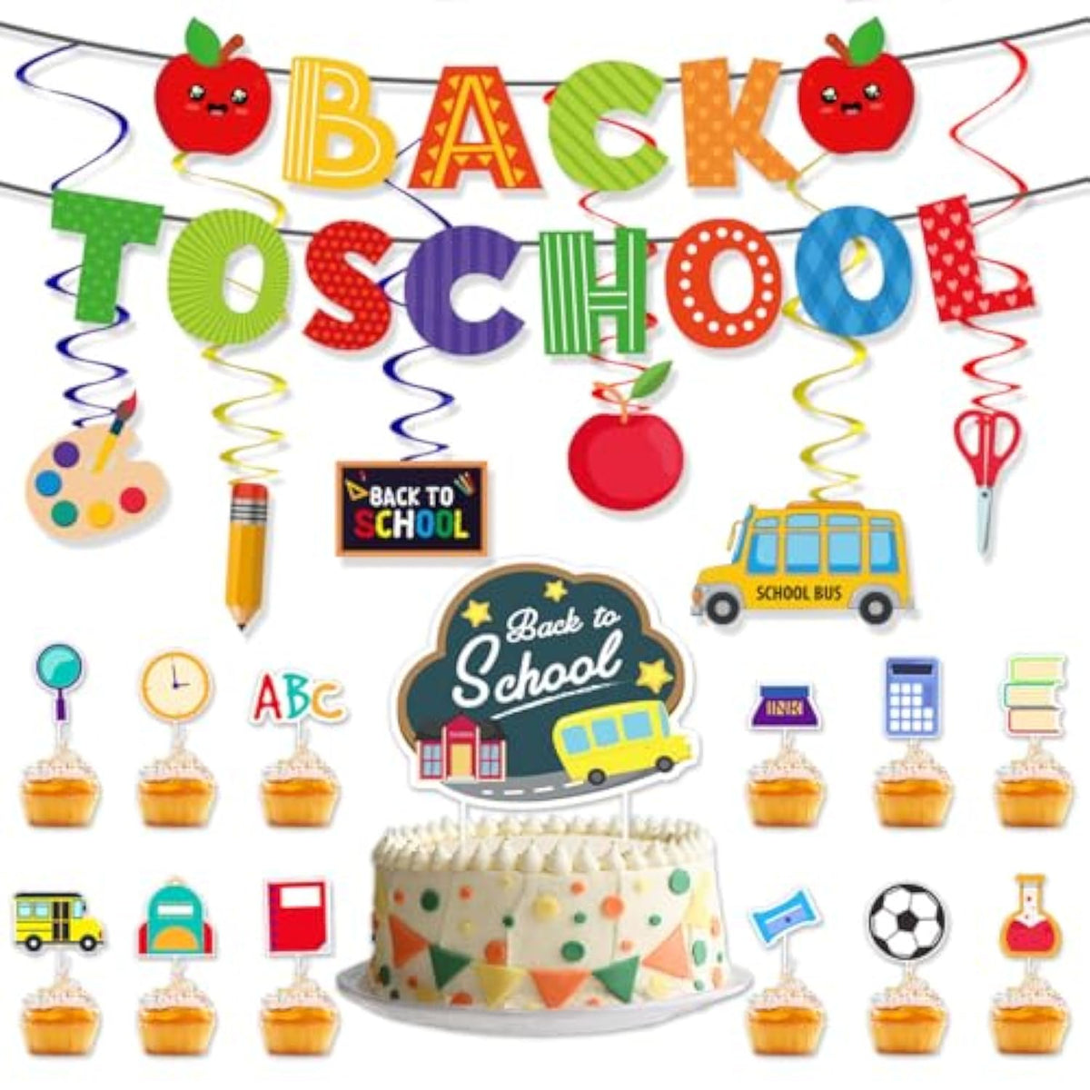 Back To School Banner Decorations - Welcome Back Banner, Hanging Swirls & Cake Toppers (Multicolor, School-Themed)