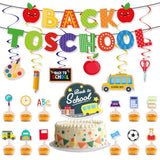 Back To School Banner Decorations - Welcome Back Banner, Hanging Swirls & Cake Toppers (Multicolor, School-Themed)