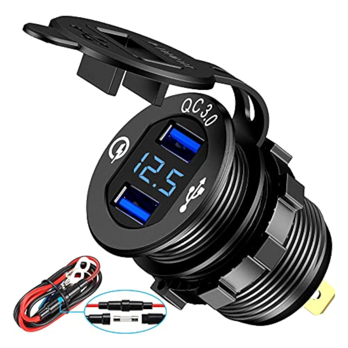 Quick Charge 3.0 Dual USB Charger Socket,Aluminum Power Outlet Fast Charge,with LED Digital Voltmeter and Wire Fuse, for 12V/24V Car, Golf Cart, Boat, RV, Motorcycle, Truck and More