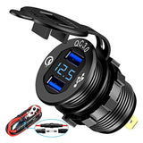 Quick Charge 3.0 Dual USB Charger Socket,Aluminum Power Outlet Fast Charge,with LED Digital Voltmeter and Wire Fuse, for 12V/24V Car, Golf Cart, Boat, RV, Motorcycle, Truck and More