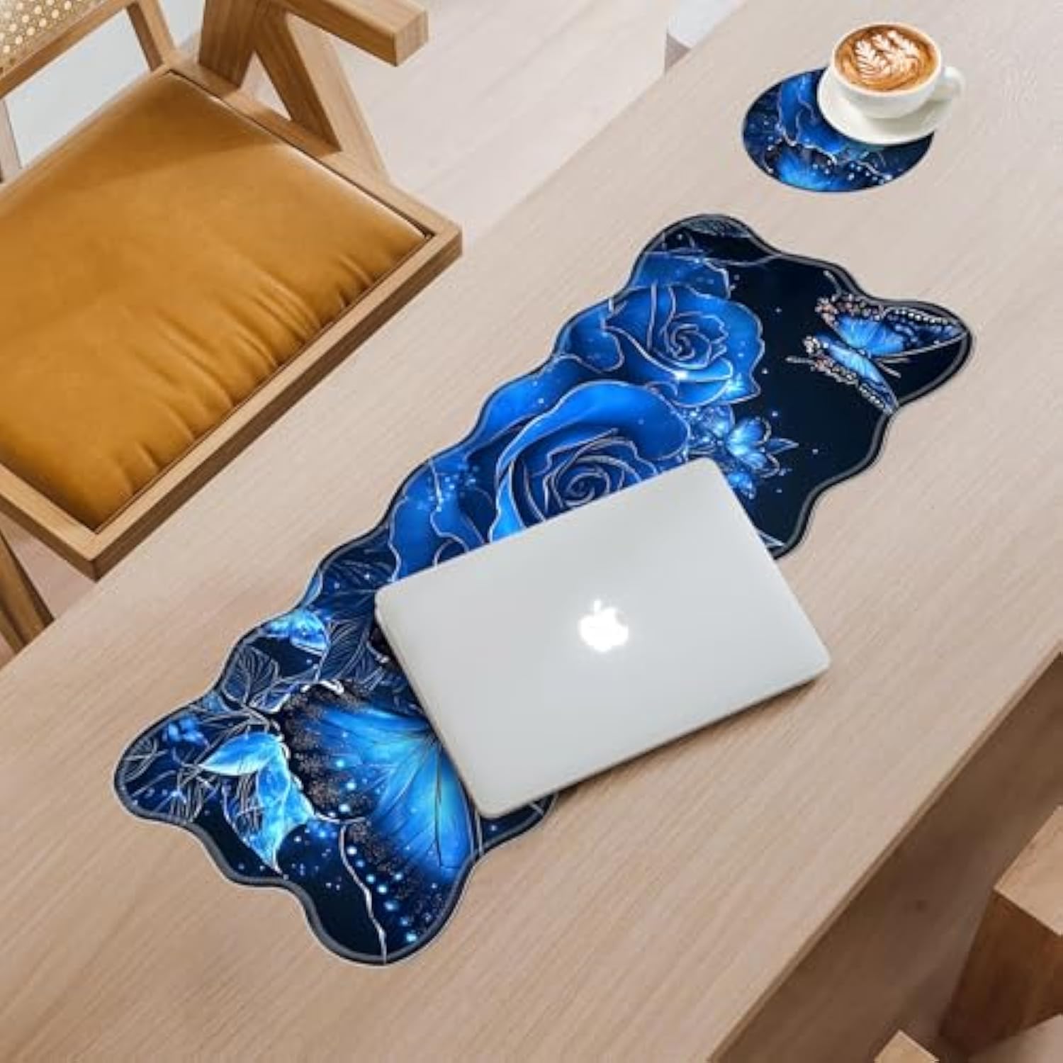 Large Gaming Mouse Pad With Coaster, Edge Stitching Keyboard Blue Rose Butterfly Mouse Mat For Desk, 31.5" X 11.8" Household Extended Desk Pad For Desktop, Non-Slip Rubber Base