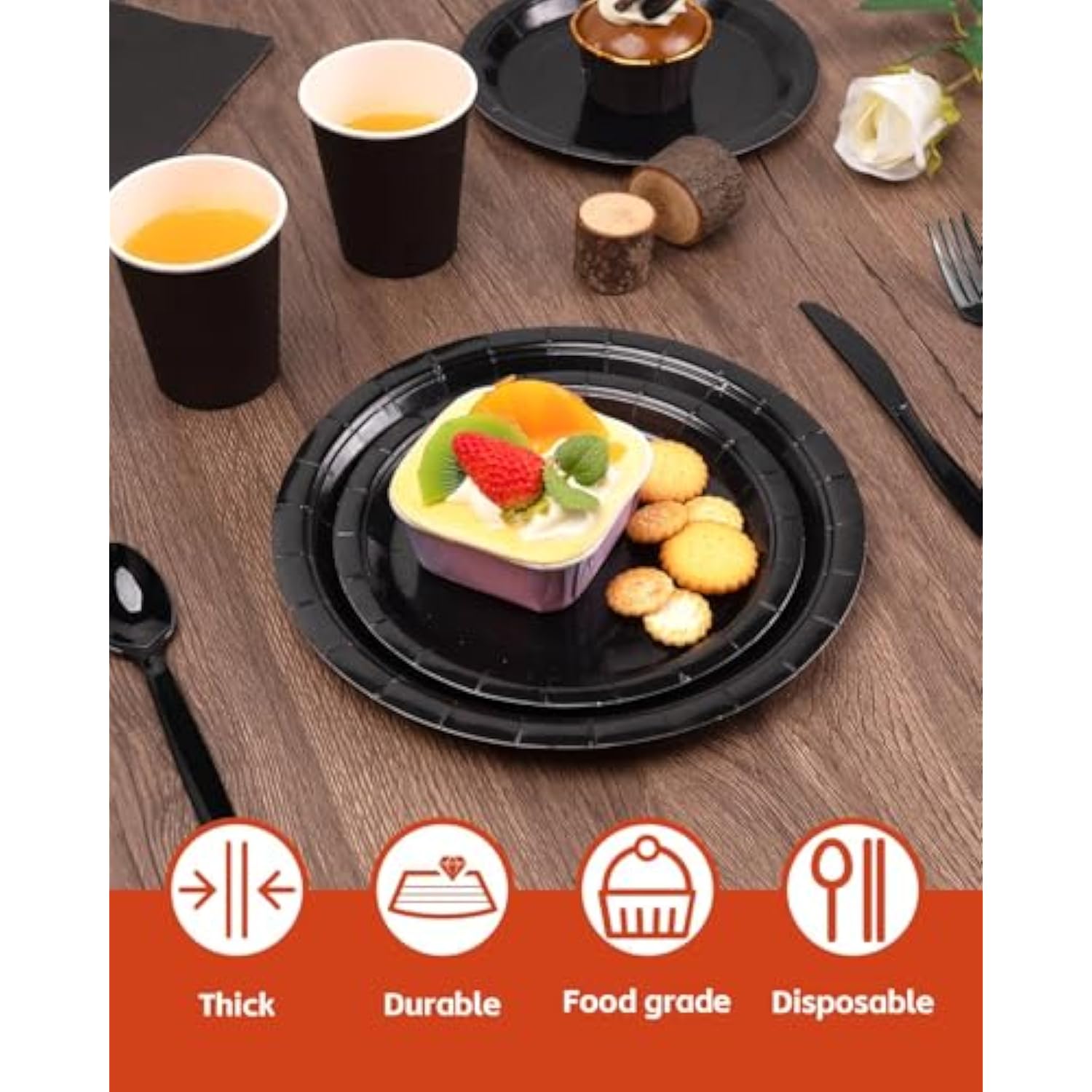 Black Party Supplies Set 224 Pieces Of Black Paper Plates, Cups, Napkins, And Heavy Duty Plastic Spoons Forks Knives For 32 Guests For Birthday, Graduation, Wedding, Festivals