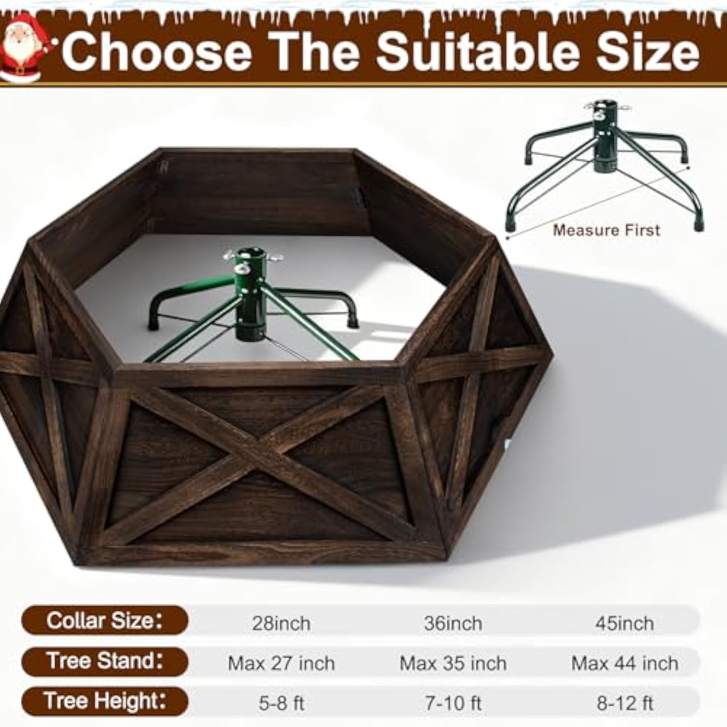 45In Extra Large Wood Christmas Tree Collar,Brown Wooden Hexagon Tree Base Cover For Artificial Tree,Vintage Rustic Farmhouse Tree Skirt For 8-12Ft Tree,Fit 44'' Tree Stand