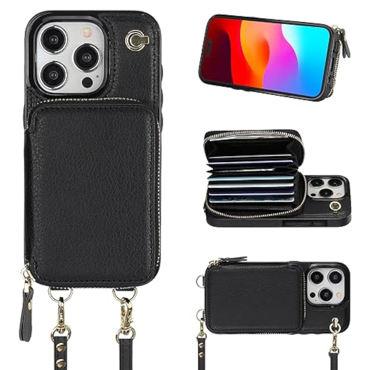 Crossbody Wallet Case For Iphone 15 Pro, Rfid Blocking Leather Purse Case With Card Holder, Protective Handbag Flip Cover With Zipper Wrist Strap Lanyard For Women 5G 6.1 Inch (Black)
