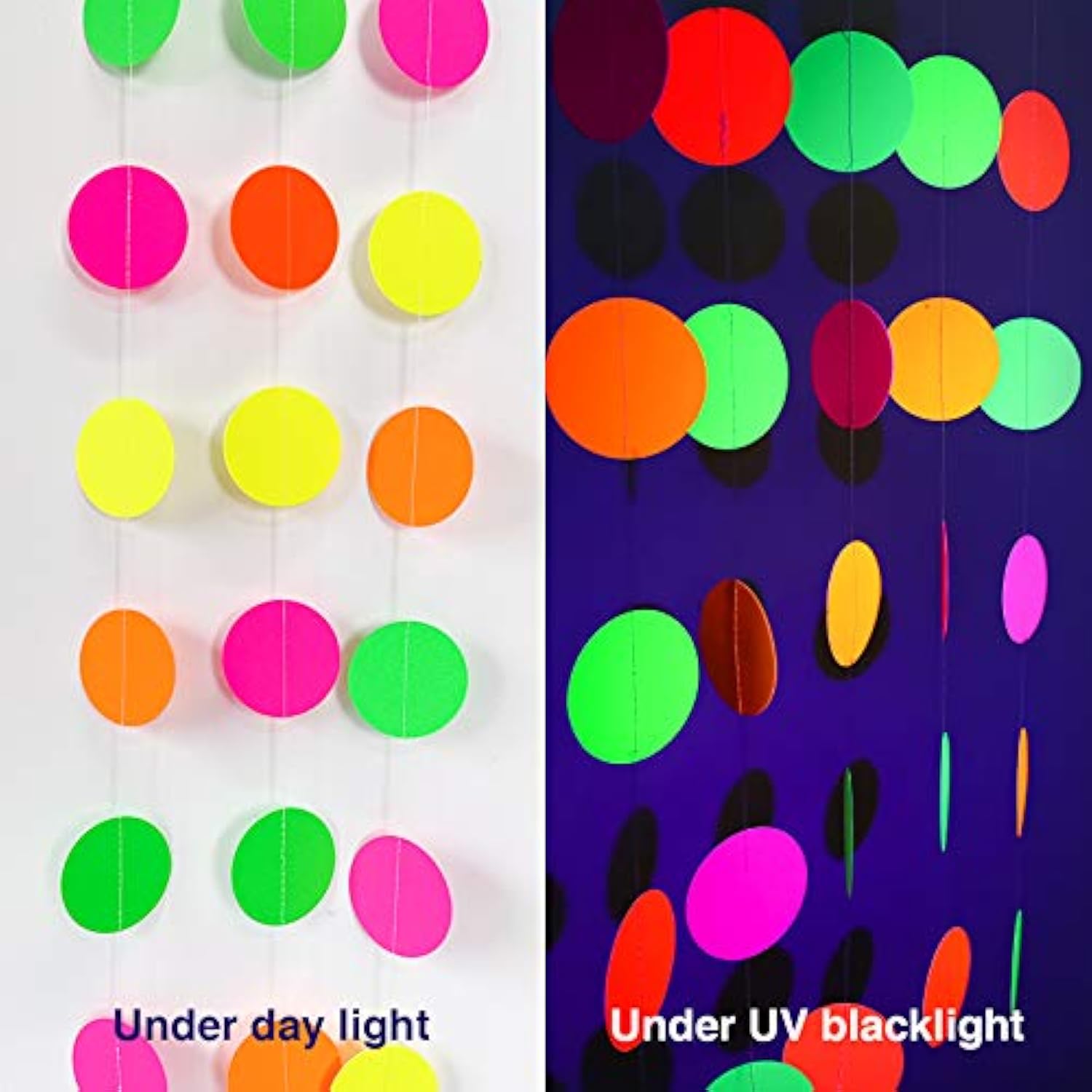Neon Paper Circles Garland, Rave Black Light Birthday Decorations, Glow In The Dark Party Supplies, Uv Blacklight Reactive Decor, Hanging Circle Dots Streamers Wall Backdrop